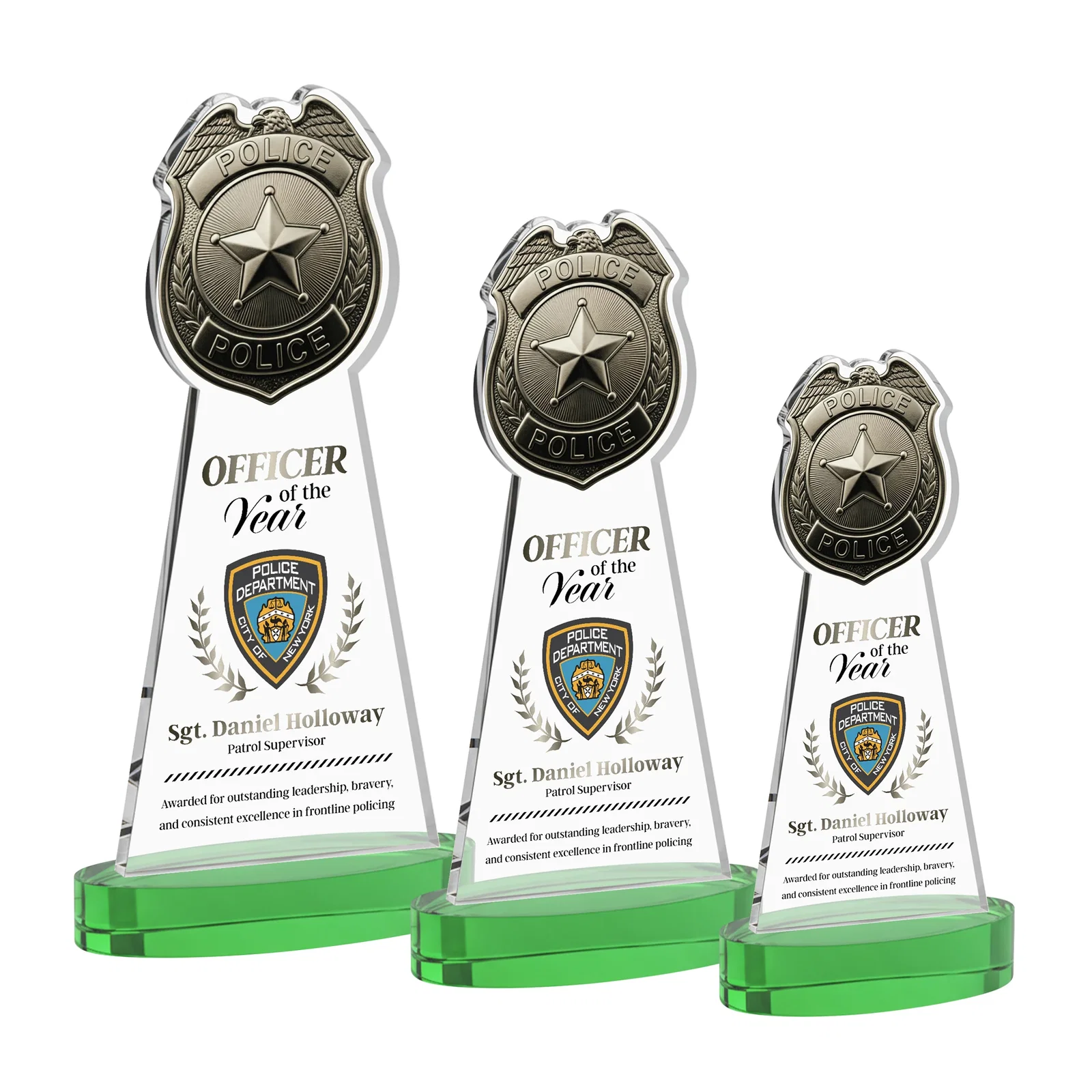Custom printed Starfire Crystal Police Badge Award on Oval Base for employee recognition