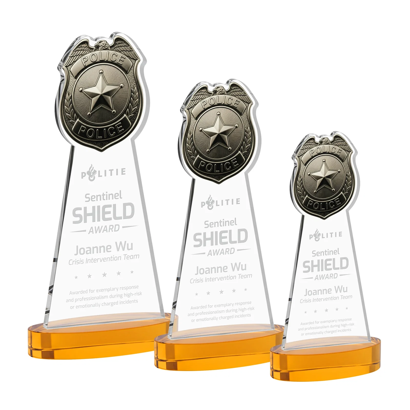 Custom Starfire Crystal Police Badge Award on Oval Base for retirement presentations