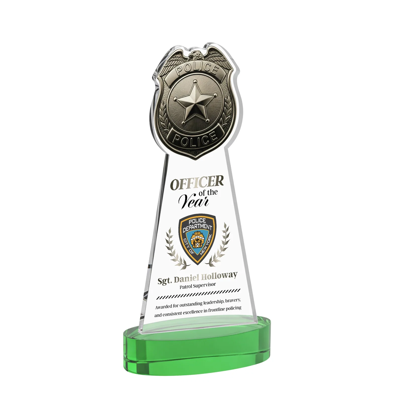 Custom printed Starfire Crystal Police Badge Award on Oval Base for corporate award ceremonies