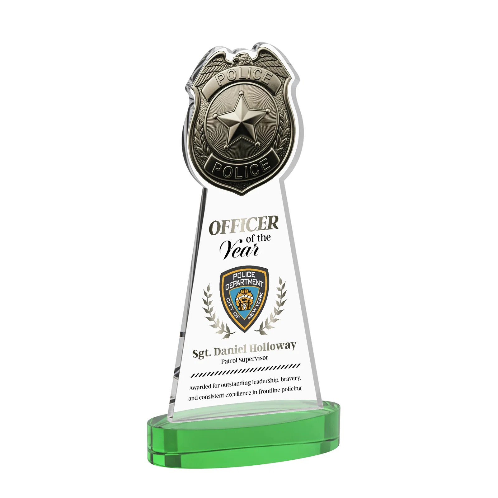 Custom printed Starfire Crystal Police Badge Award on Oval Base for service anniversary gifts