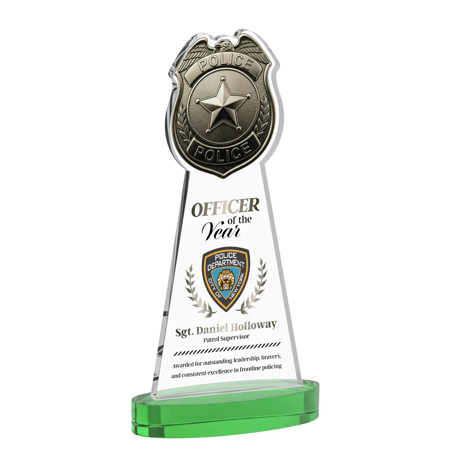 Custom printed Starfire Crystal Police Badge Award on Oval Base for sales achievement awards