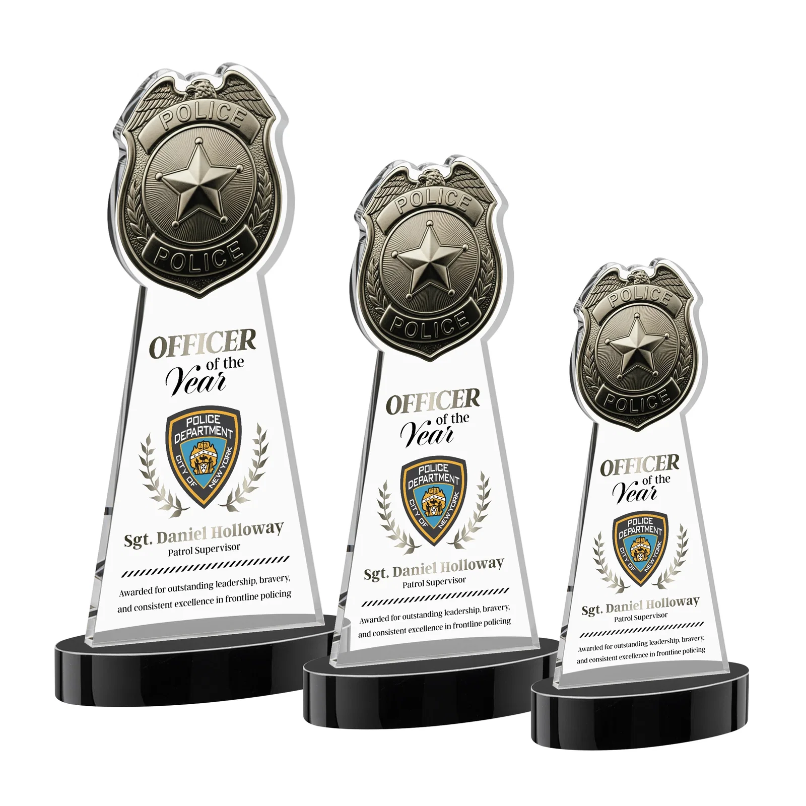 Custom printed Starfire Crystal Police Badge Award on Oval Base for retirement presentations