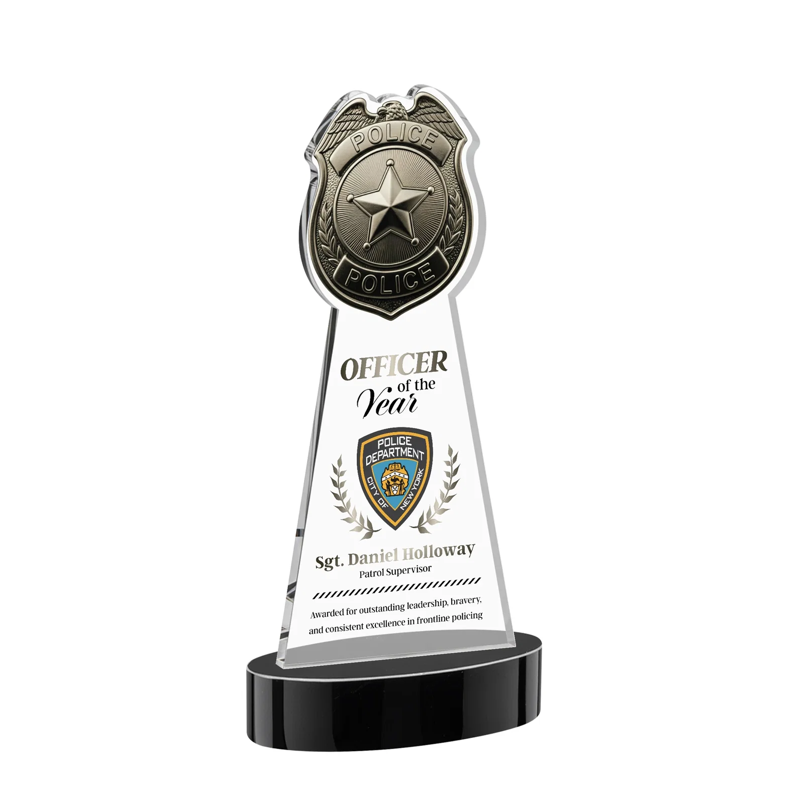 Custom printed Starfire Crystal Police Badge Award on Oval Base for team milestone celebrations