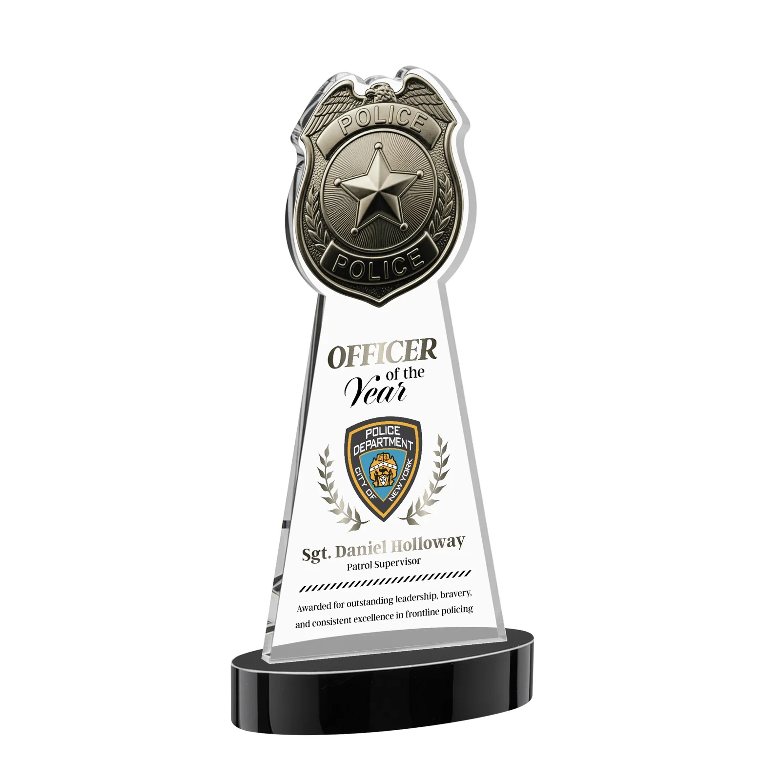 Custom printed Starfire Crystal Police Badge Award on Oval Base for donor appreciation