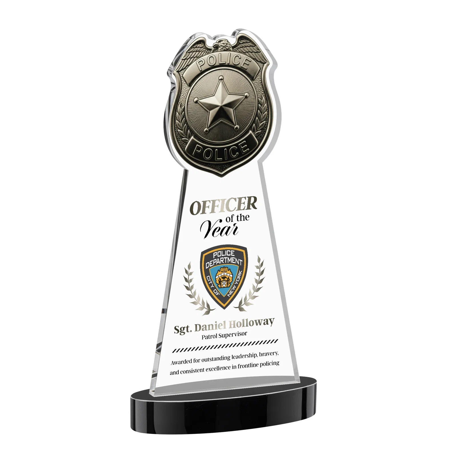 Custom printed Starfire Crystal Police Badge Award on Oval Base for graduation ceremonies