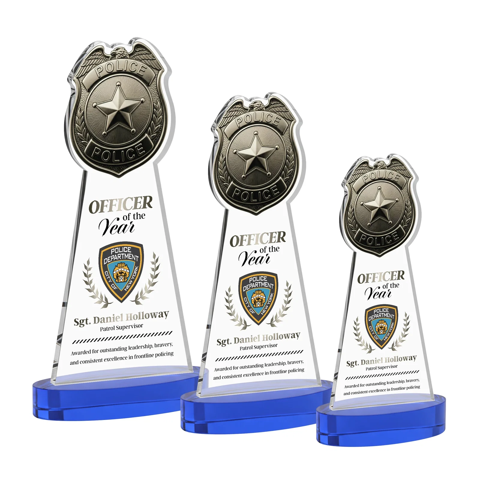Custom printed Starfire Crystal Police Badge Award on Oval Base for safety achievement programs