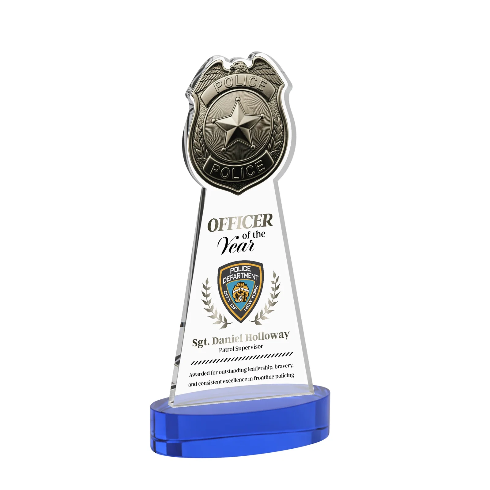 Custom printed Starfire Crystal Police Badge Award on Oval Base for volunteer appreciation