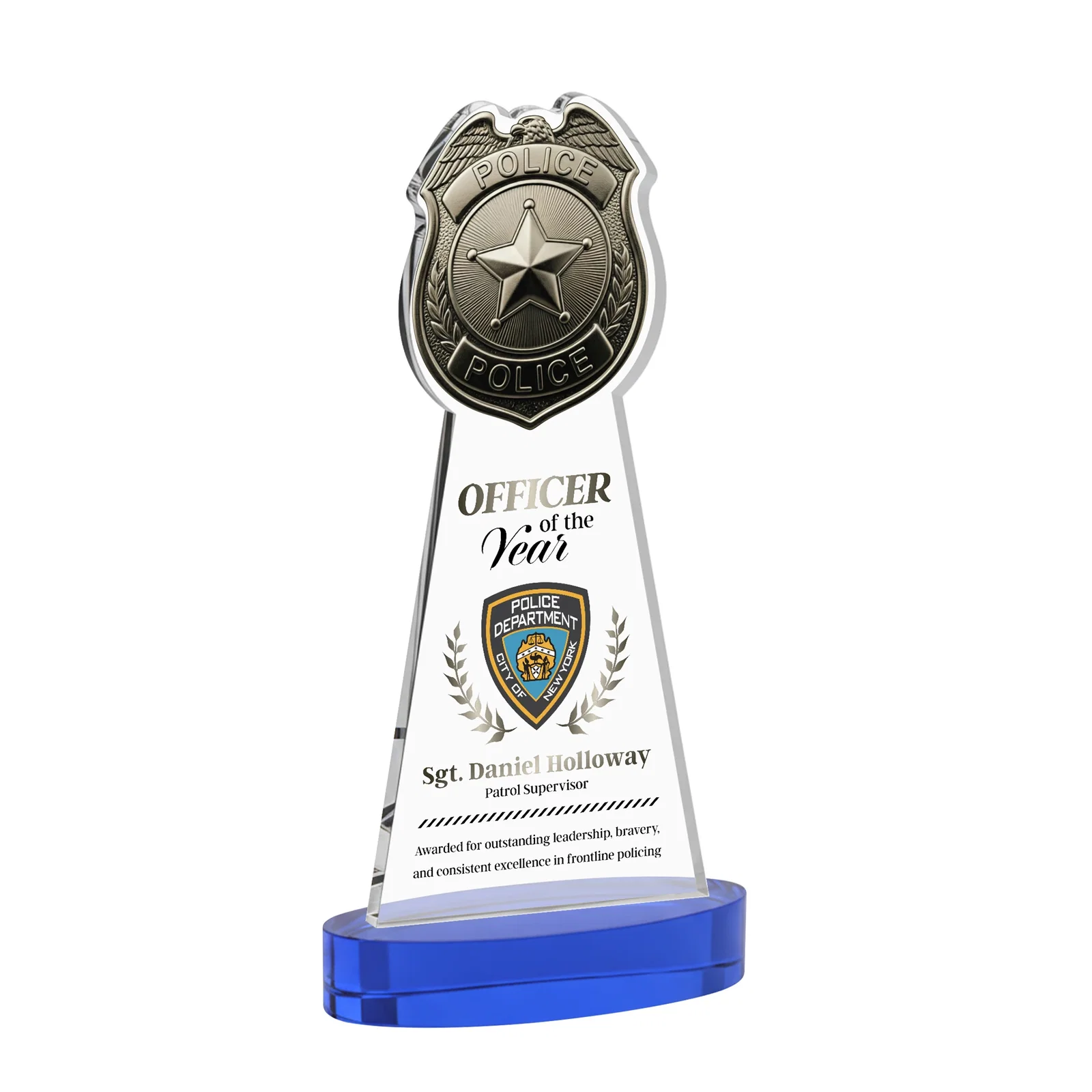 Custom printed Starfire Crystal Police Badge Award on Oval Base for dealer and partner awards