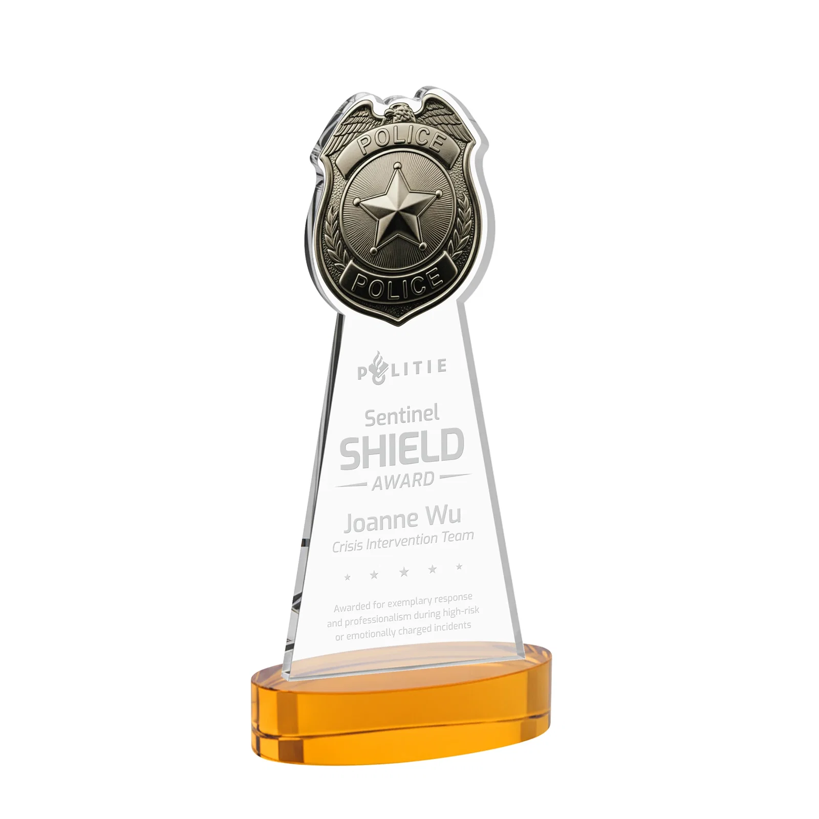 Custom Starfire Crystal Police Badge Award on Oval Base for team milestone celebrations