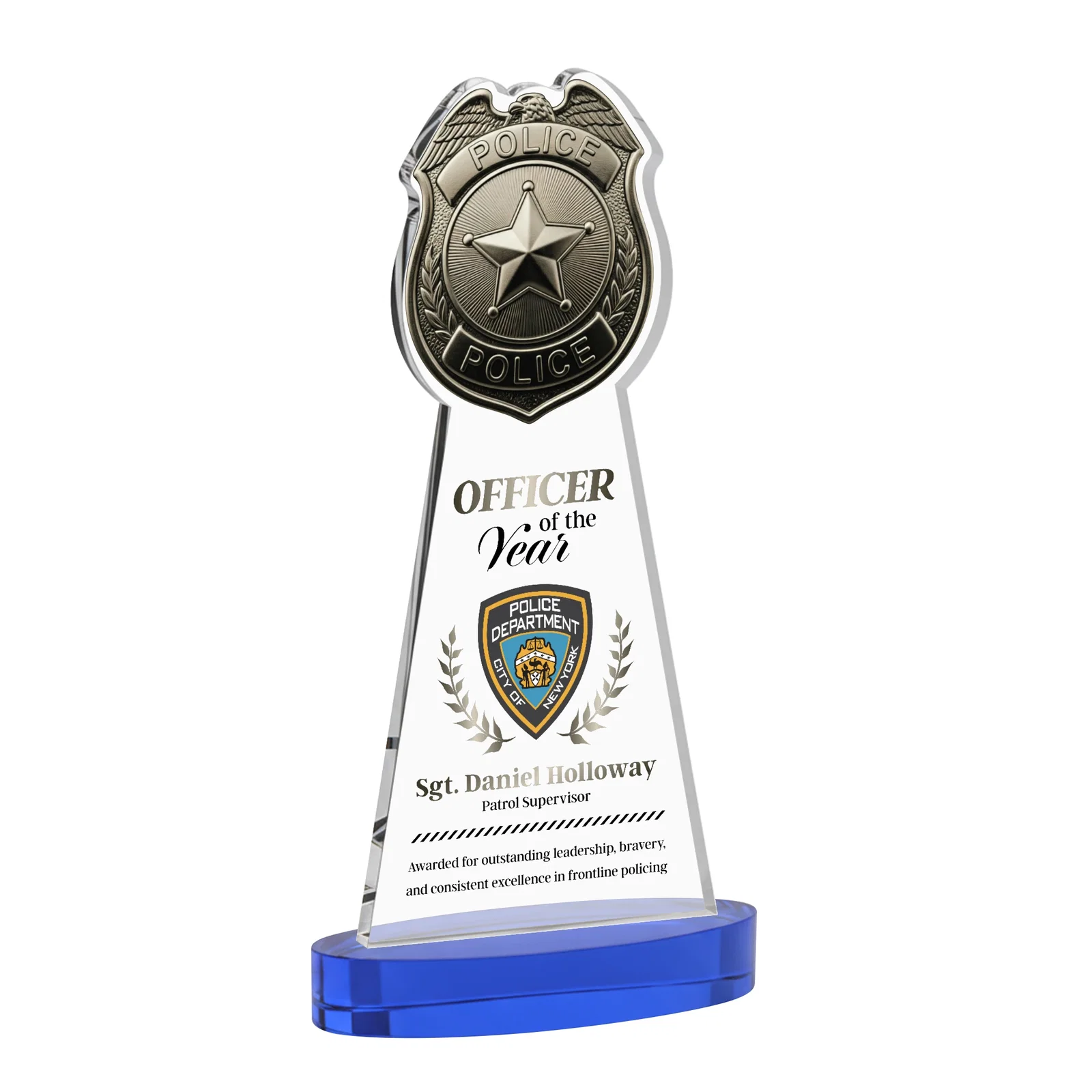 Custom printed Starfire Crystal Police Badge Award on Oval Base for company anniversary events