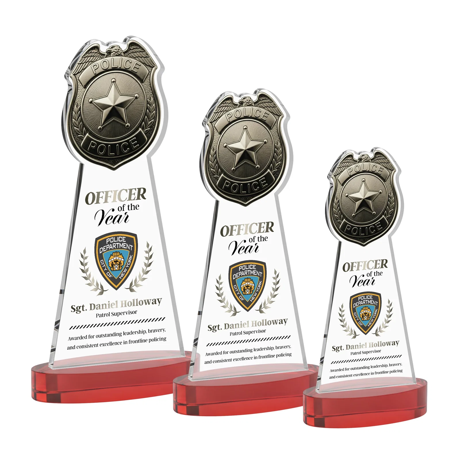 Customized Starfire Crystal Police Badge Award on Oval Base for employee recognition