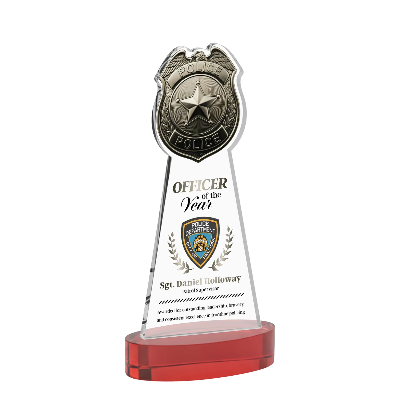 Customized Starfire Crystal Police Badge Award on Oval Base for corporate award ceremonies