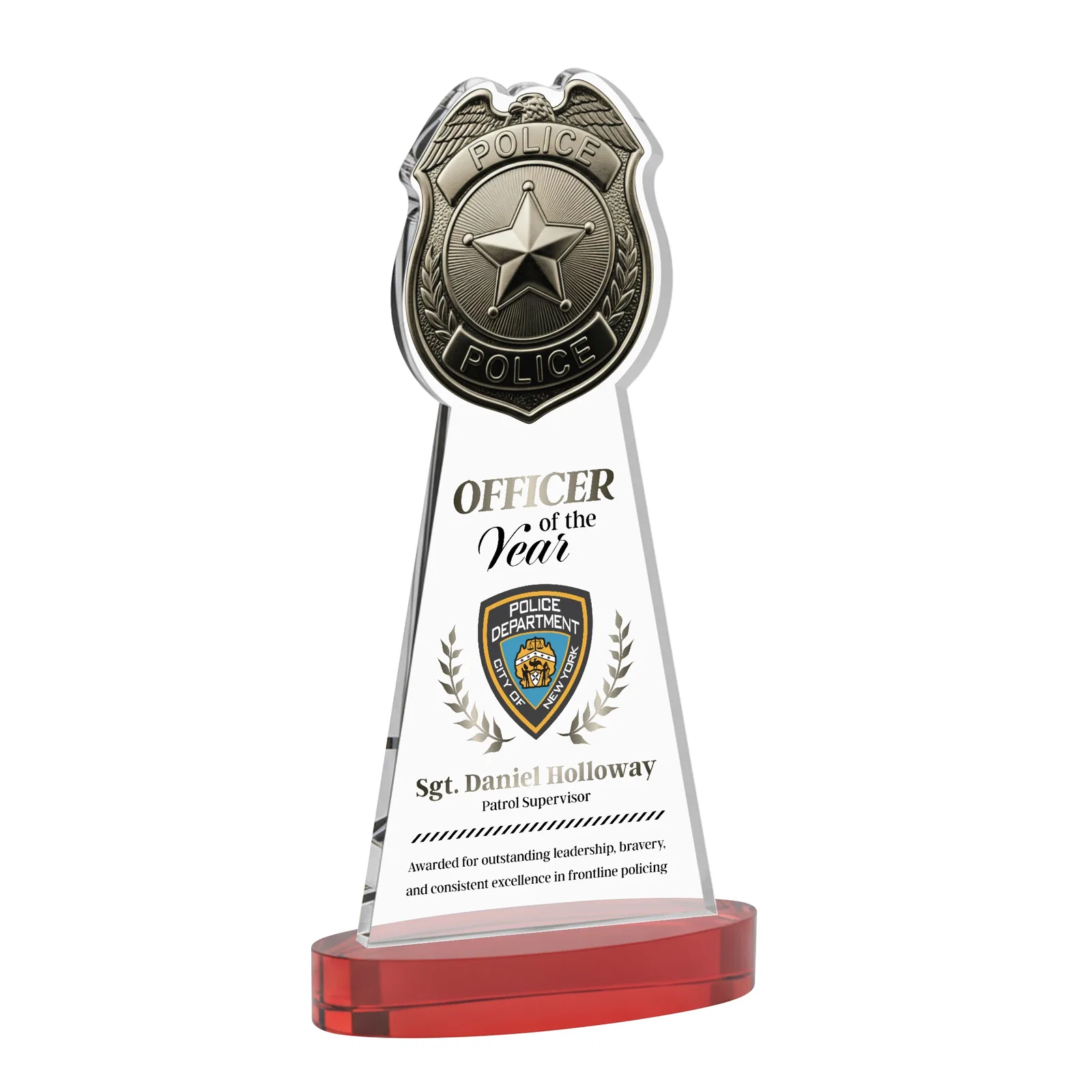 Customized Starfire Crystal Police Badge Award on Oval Base for sales achievement awards