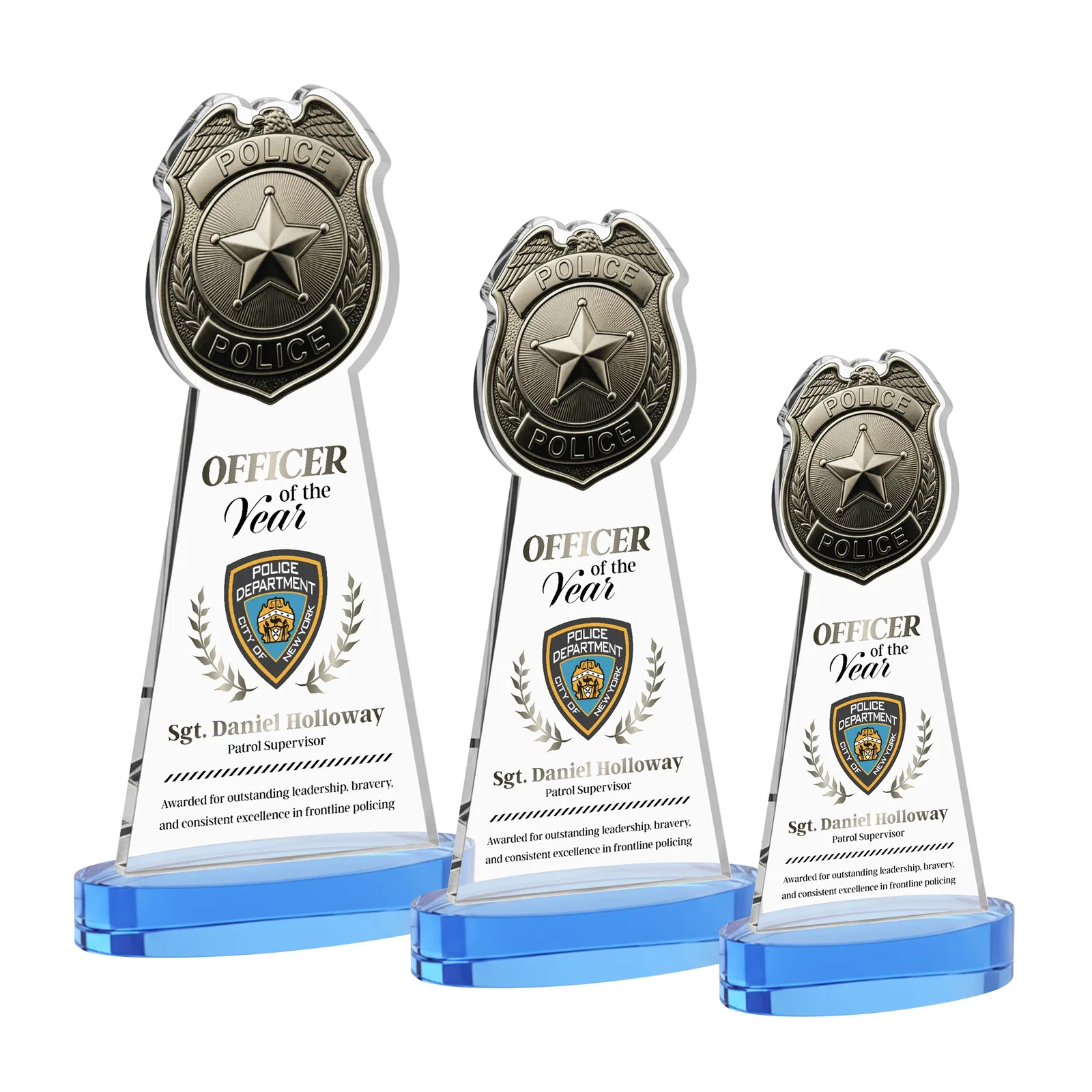 Customized Starfire Crystal Police Badge Award on Oval Base for retirement presentations