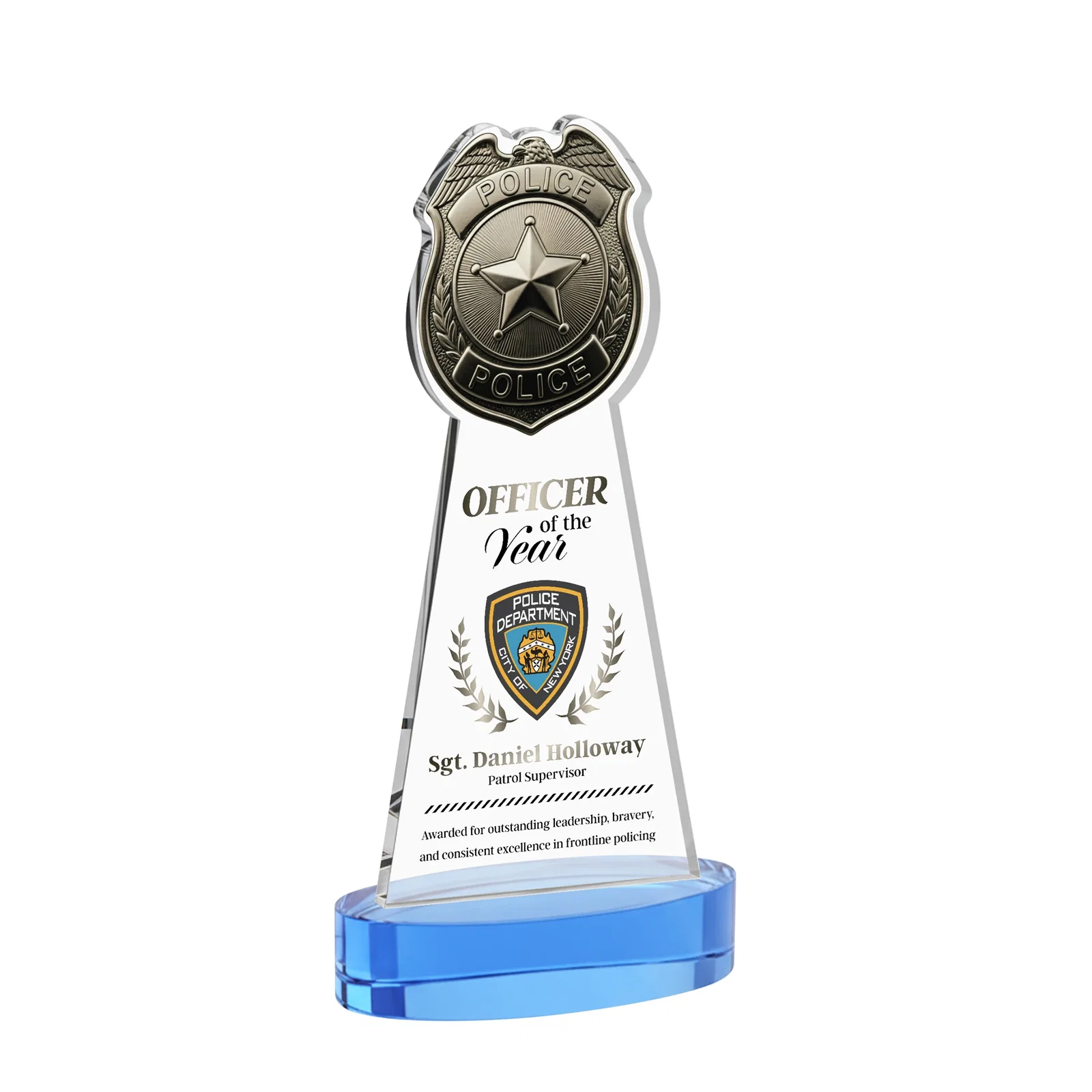 Customized Starfire Crystal Police Badge Award on Oval Base for team milestone celebrations