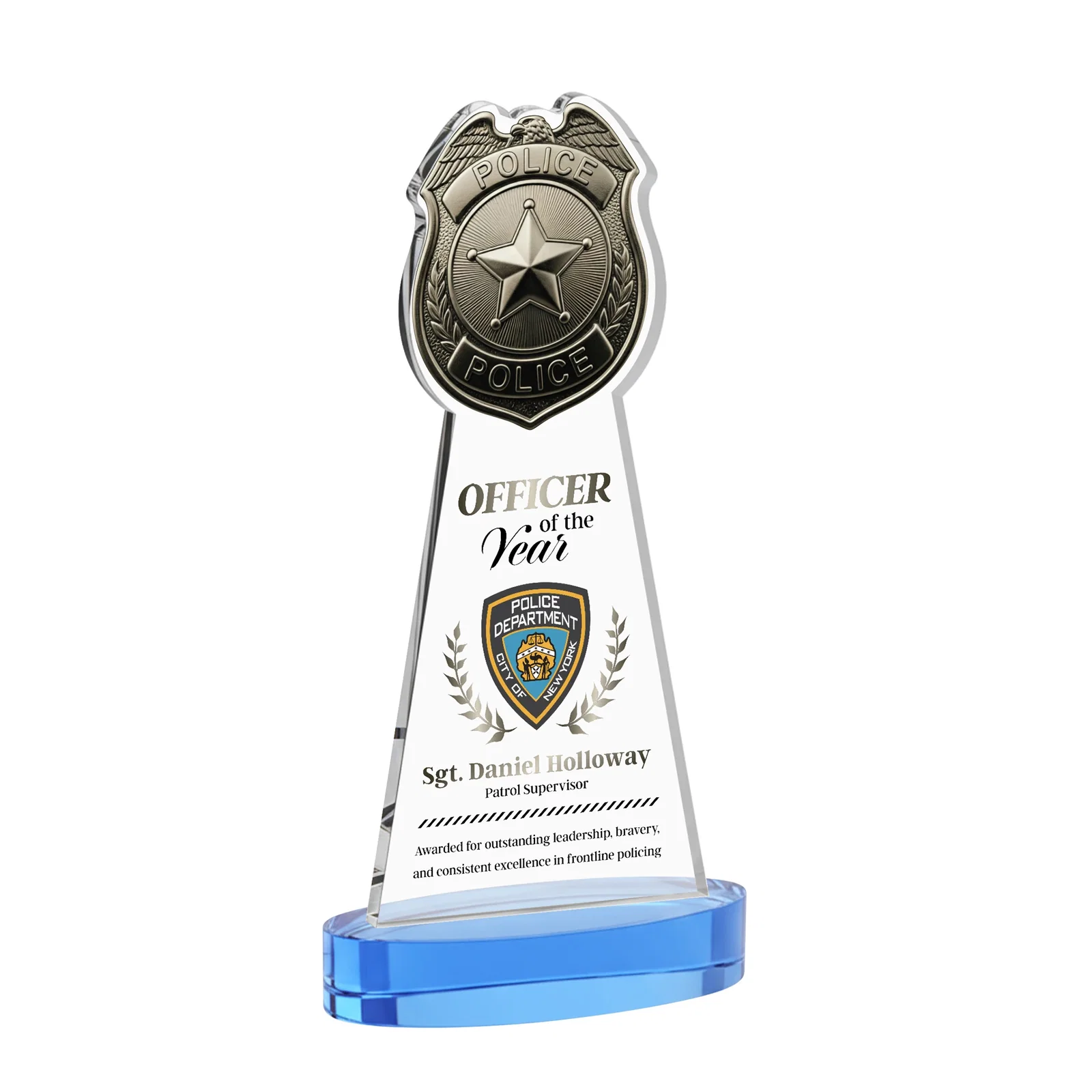 Customized Starfire Crystal Police Badge Award on Oval Base for donor appreciation