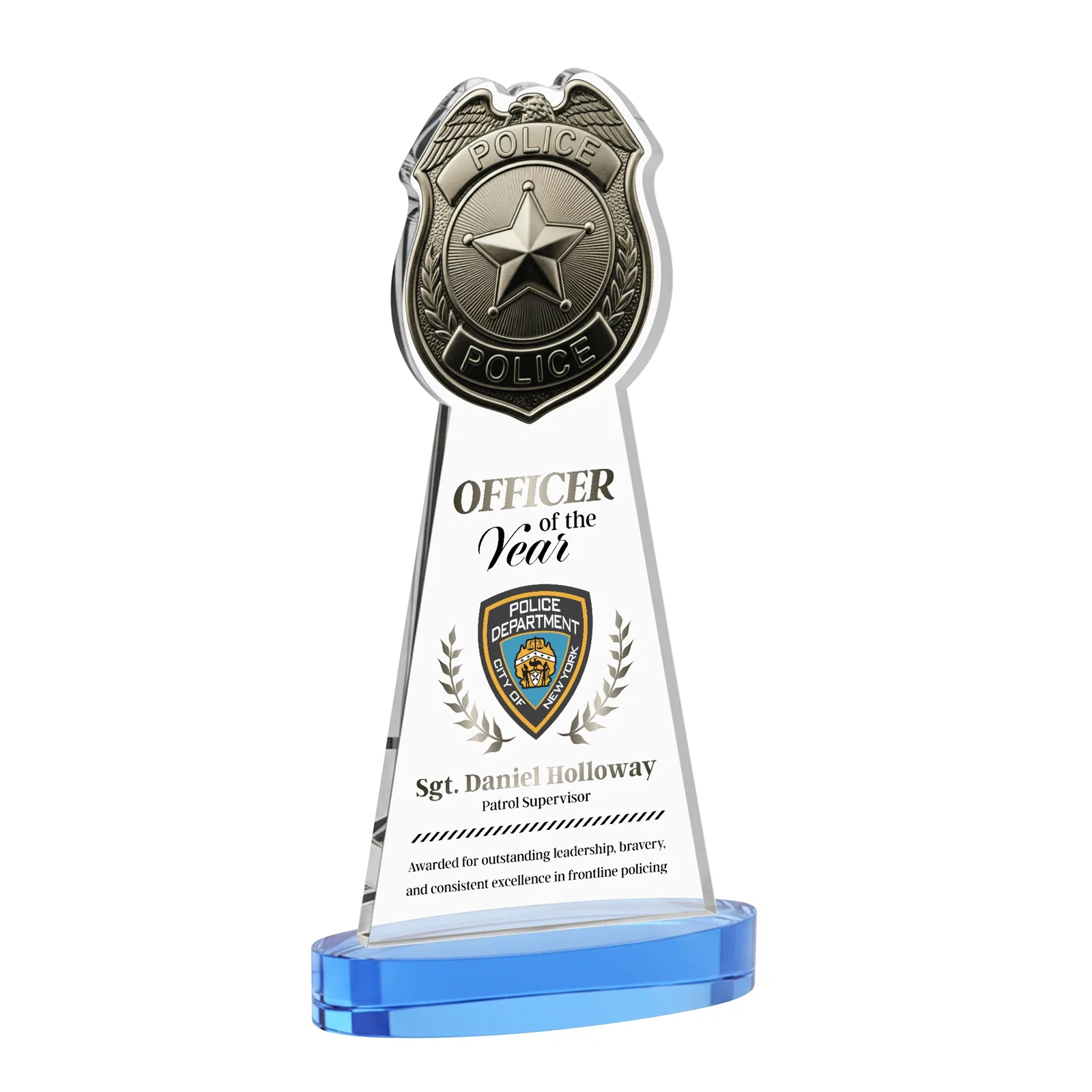 Customized Starfire Crystal Police Badge Award on Oval Base for graduation ceremonies