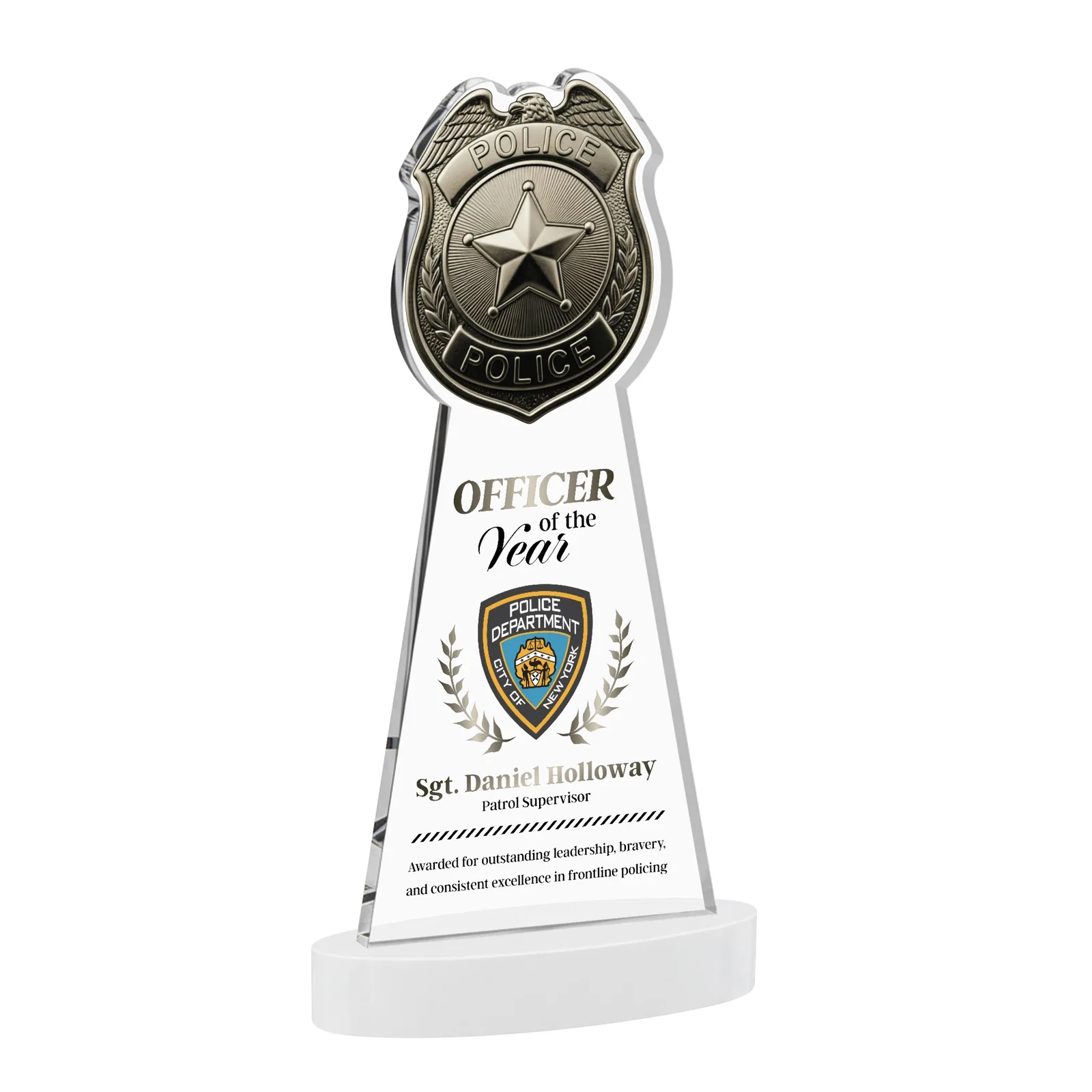 Customized Starfire Crystal Police Badge Award on Oval Base for company anniversary events