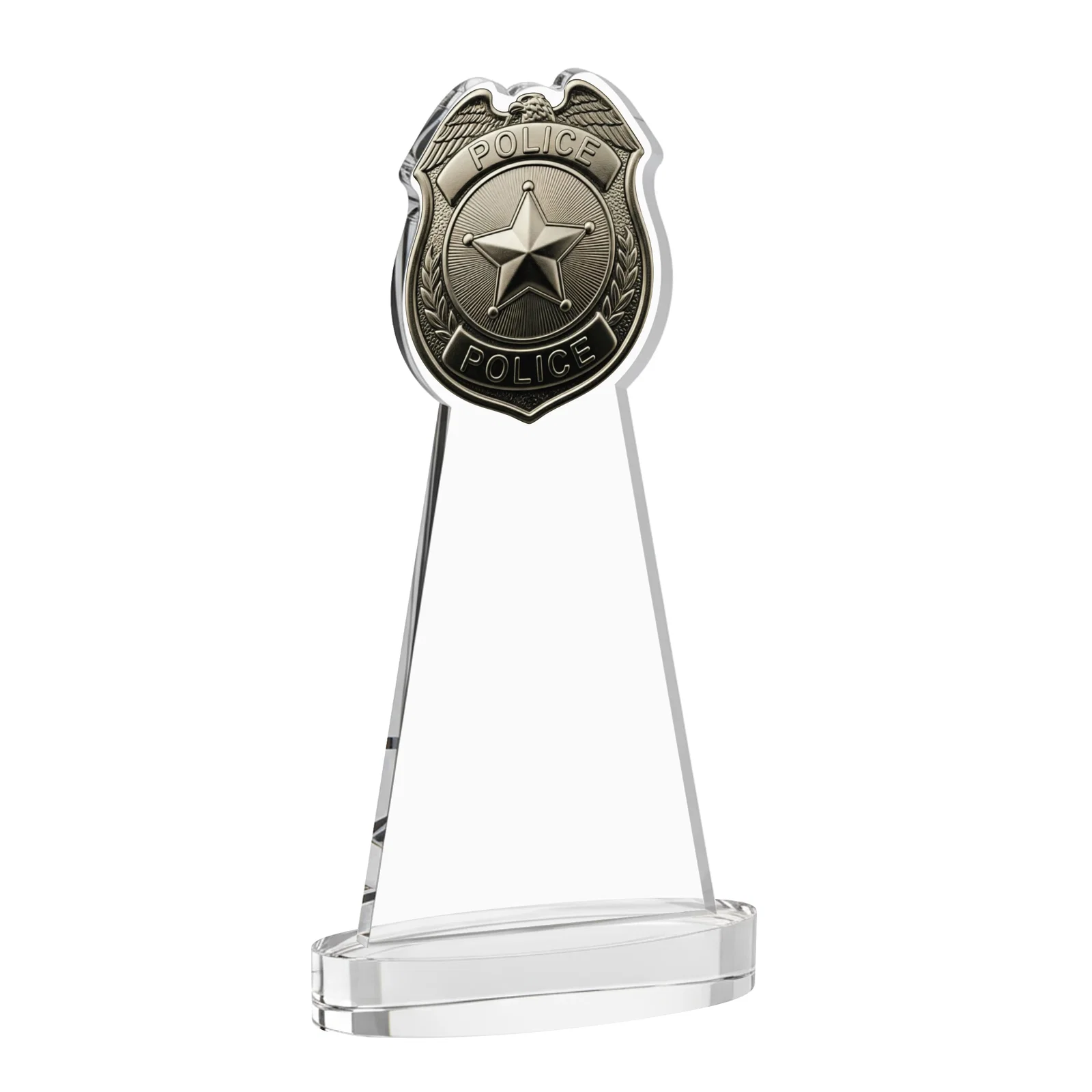 Custom engraved Starfire Crystal Police Badge Award on Oval Base for service anniversary gifts