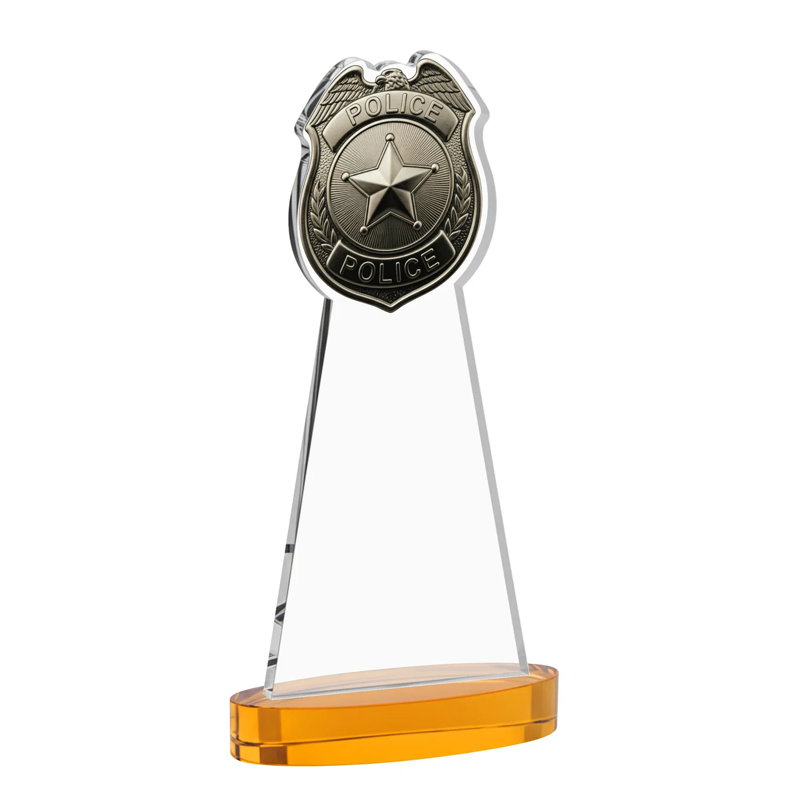 Custom engraved Starfire Crystal Police Badge Award on Oval Base for team milestone celebrations
