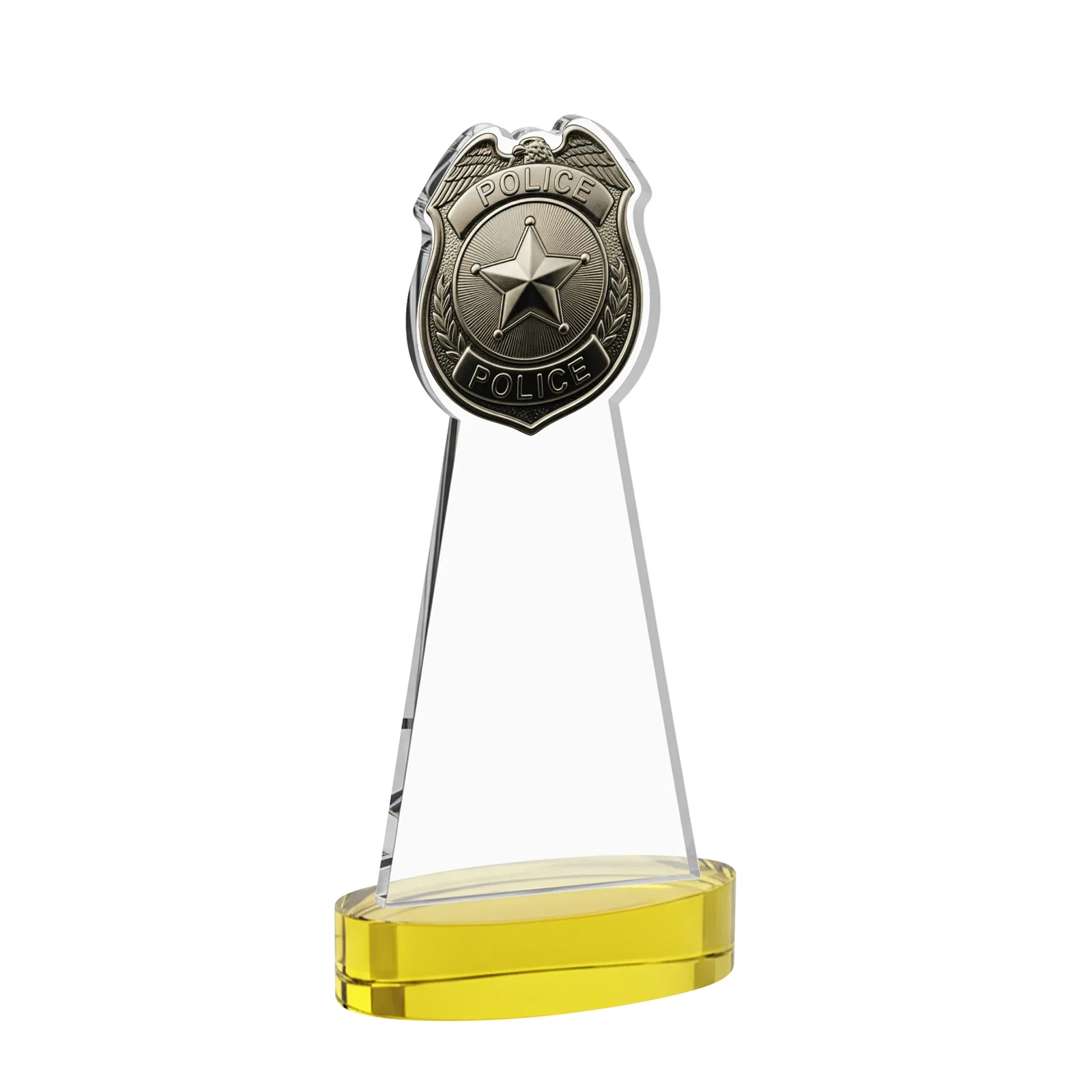 Custom engraved Starfire Crystal Police Badge Award on Oval Base for donor appreciation
