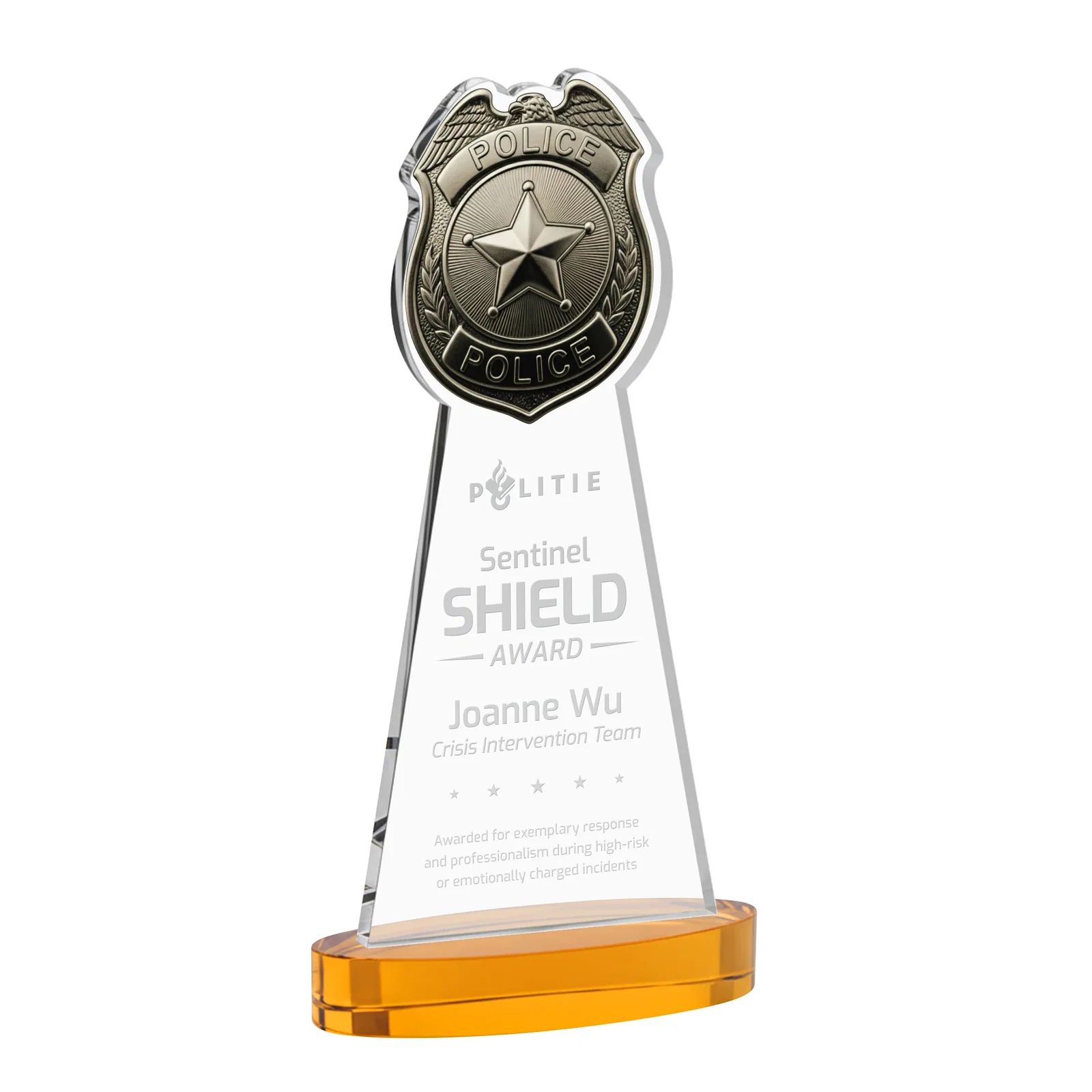 Custom Starfire Crystal Police Badge Award on Oval Base for graduation ceremonies