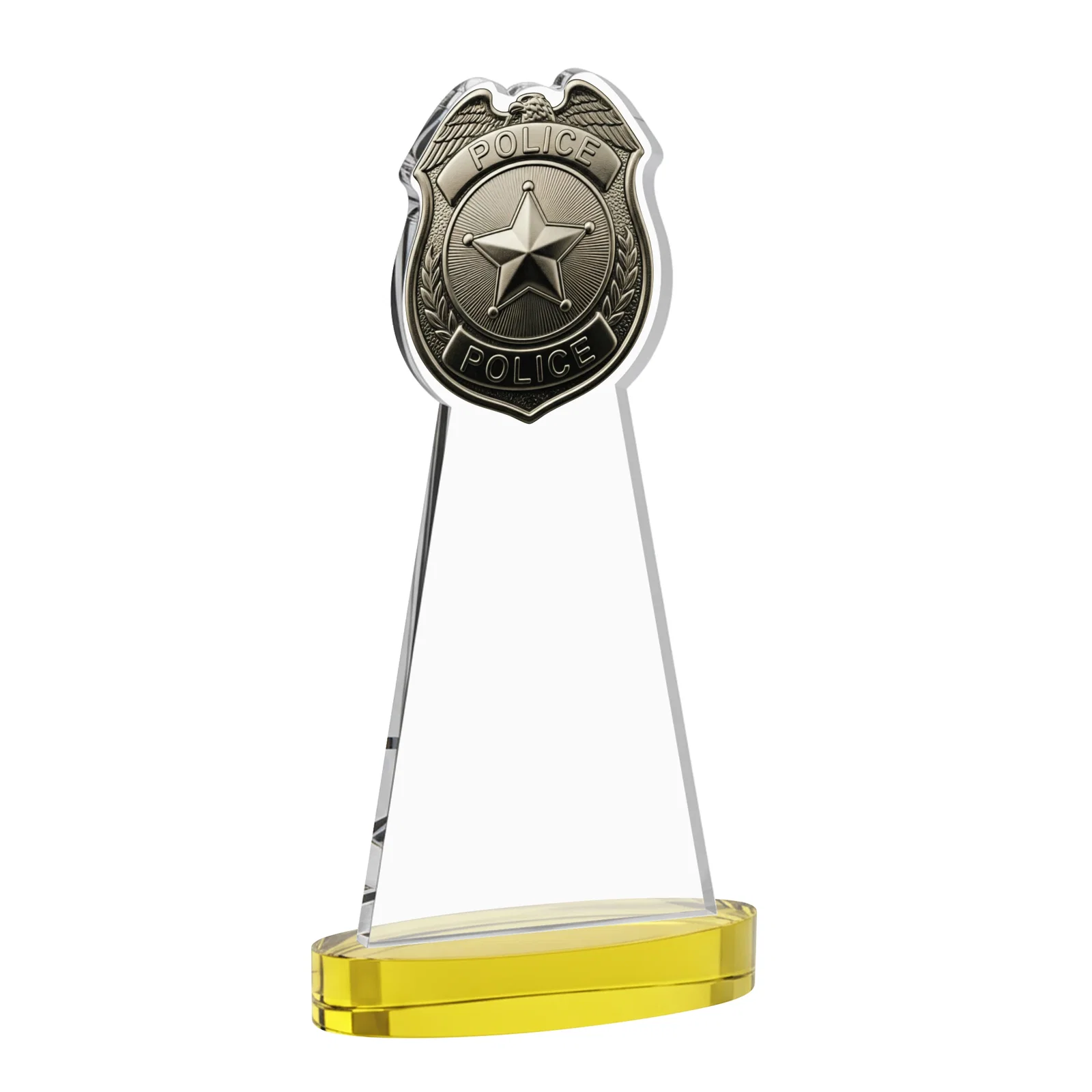 Custom engraved Starfire Crystal Police Badge Award on Oval Base for safety achievement programs