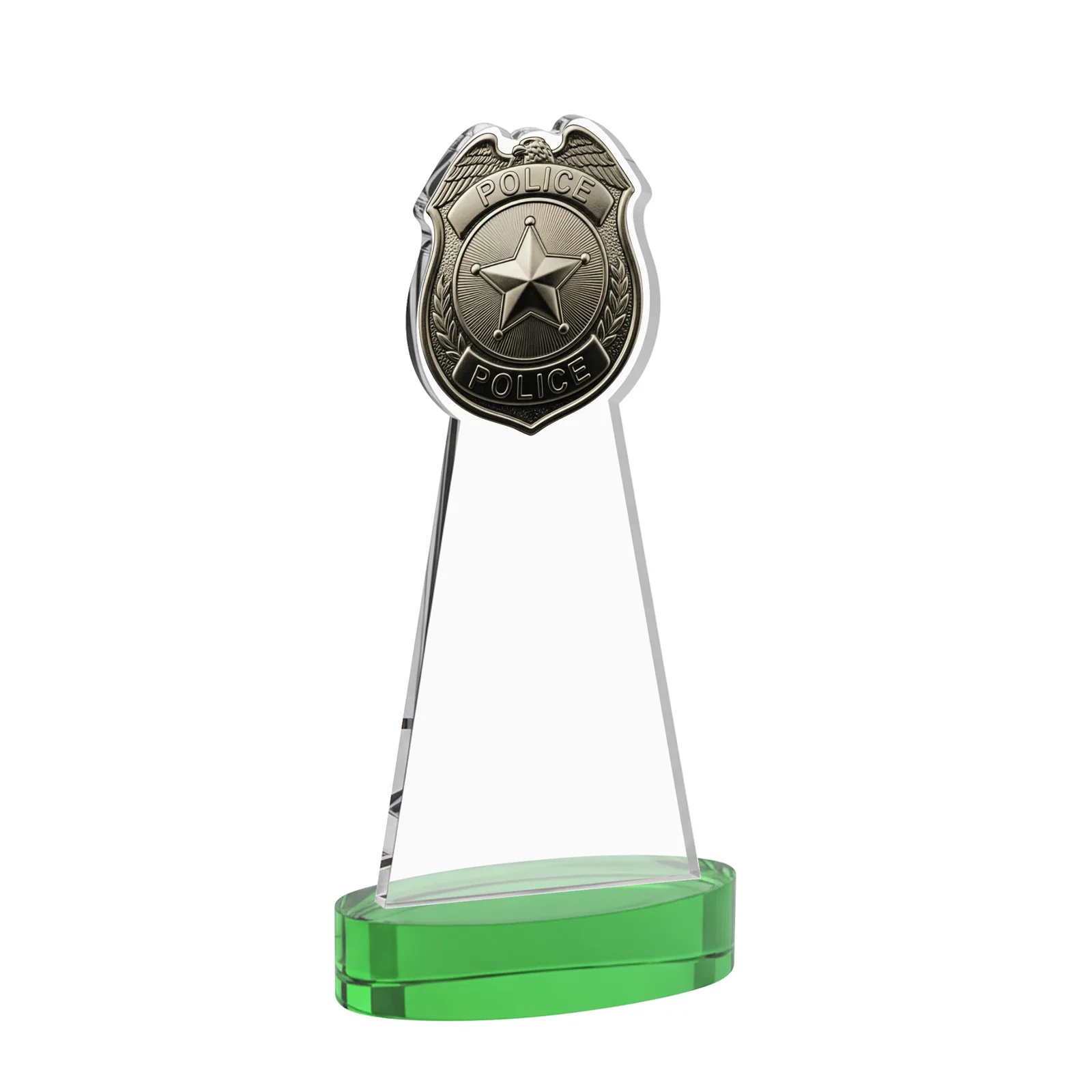 Custom engraved Starfire Crystal Police Badge Award on Oval Base for volunteer appreciation
