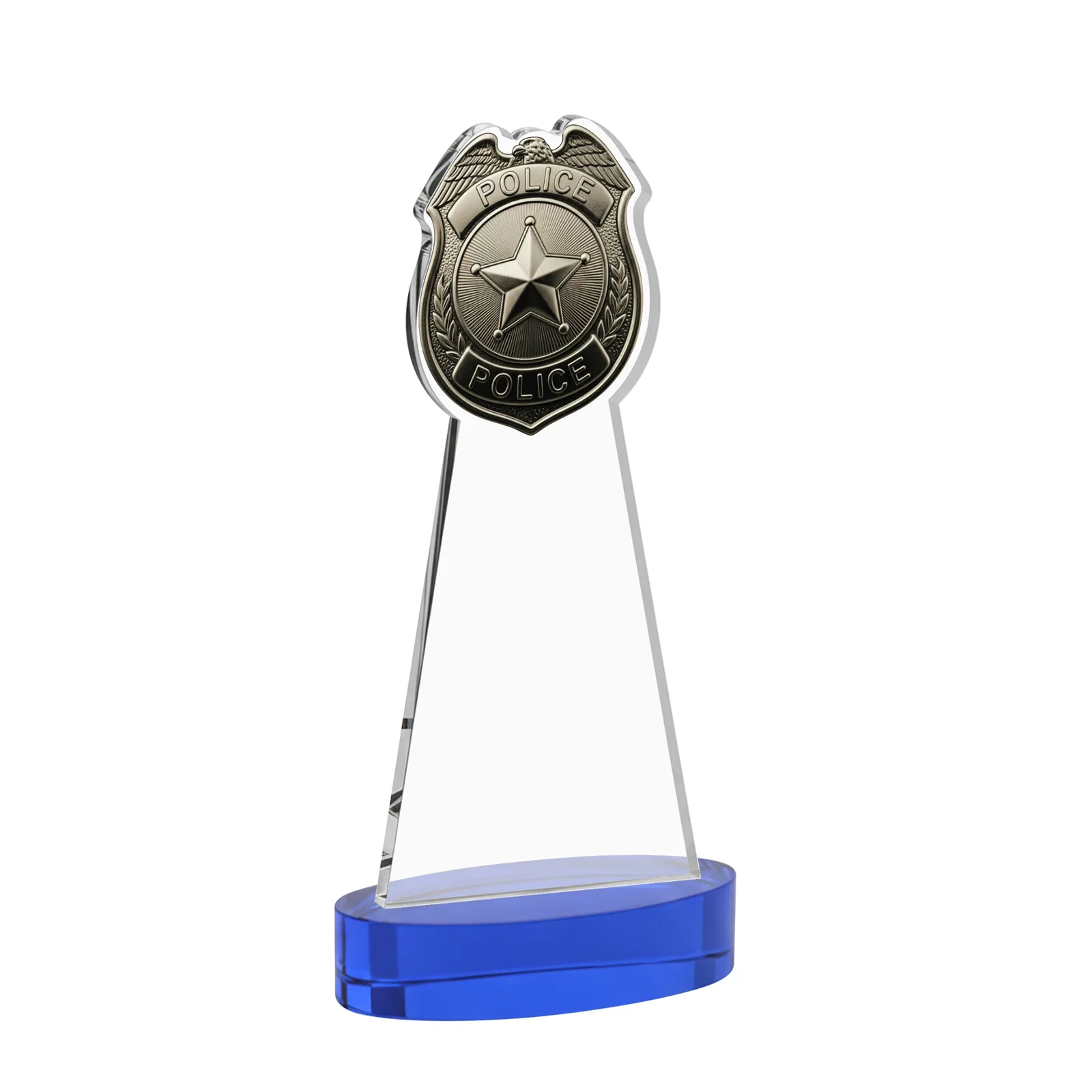 Custom Starfire Crystal Police Badge Award on Oval Base, with your logo for sales achievement awards