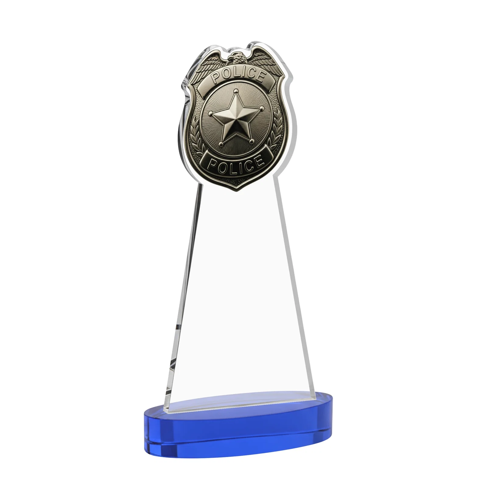 Custom Starfire Crystal Police Badge Award on Oval Base, with your logo for retirement presentations