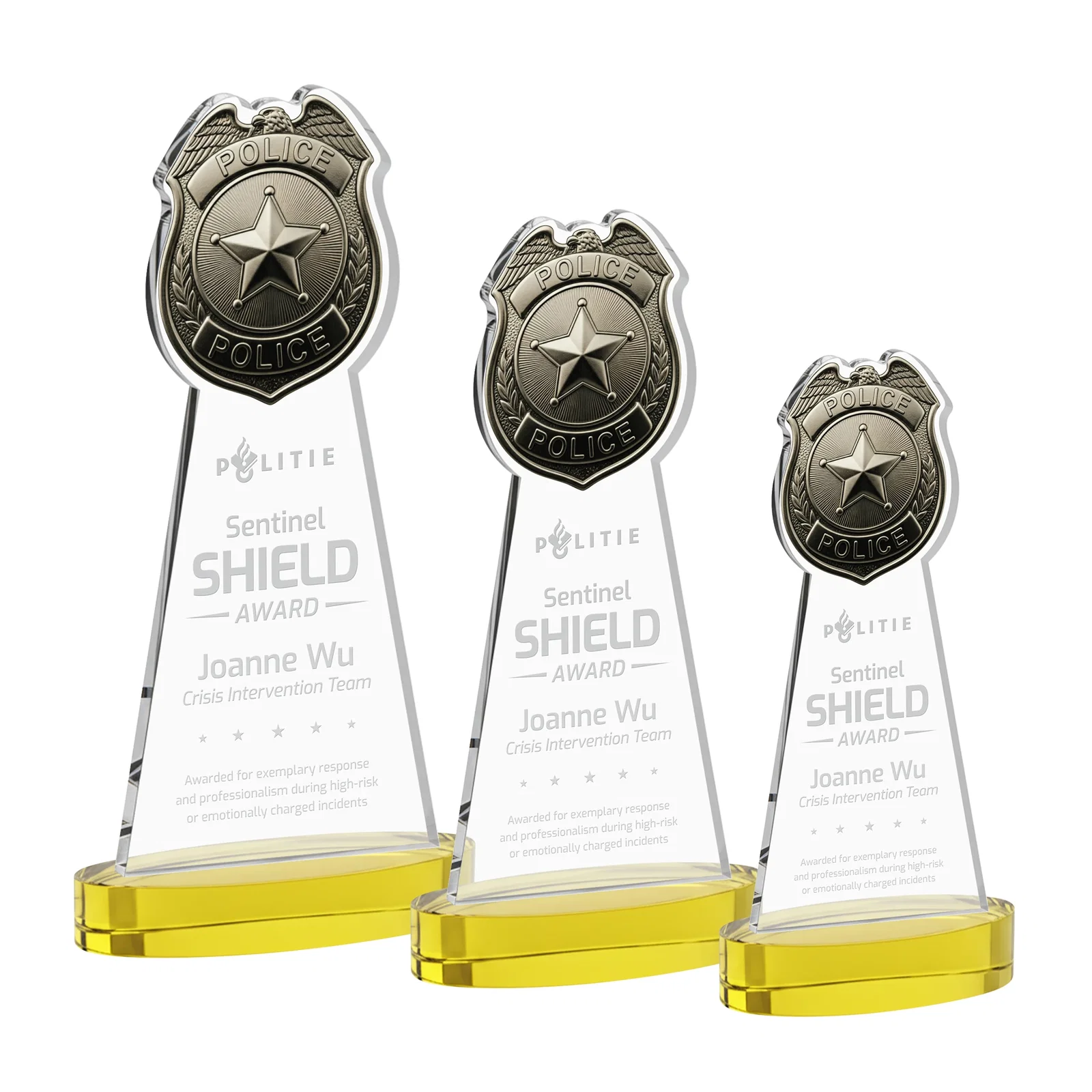 Custom Starfire Crystal Police Badge Award on Oval Base for safety achievement programs