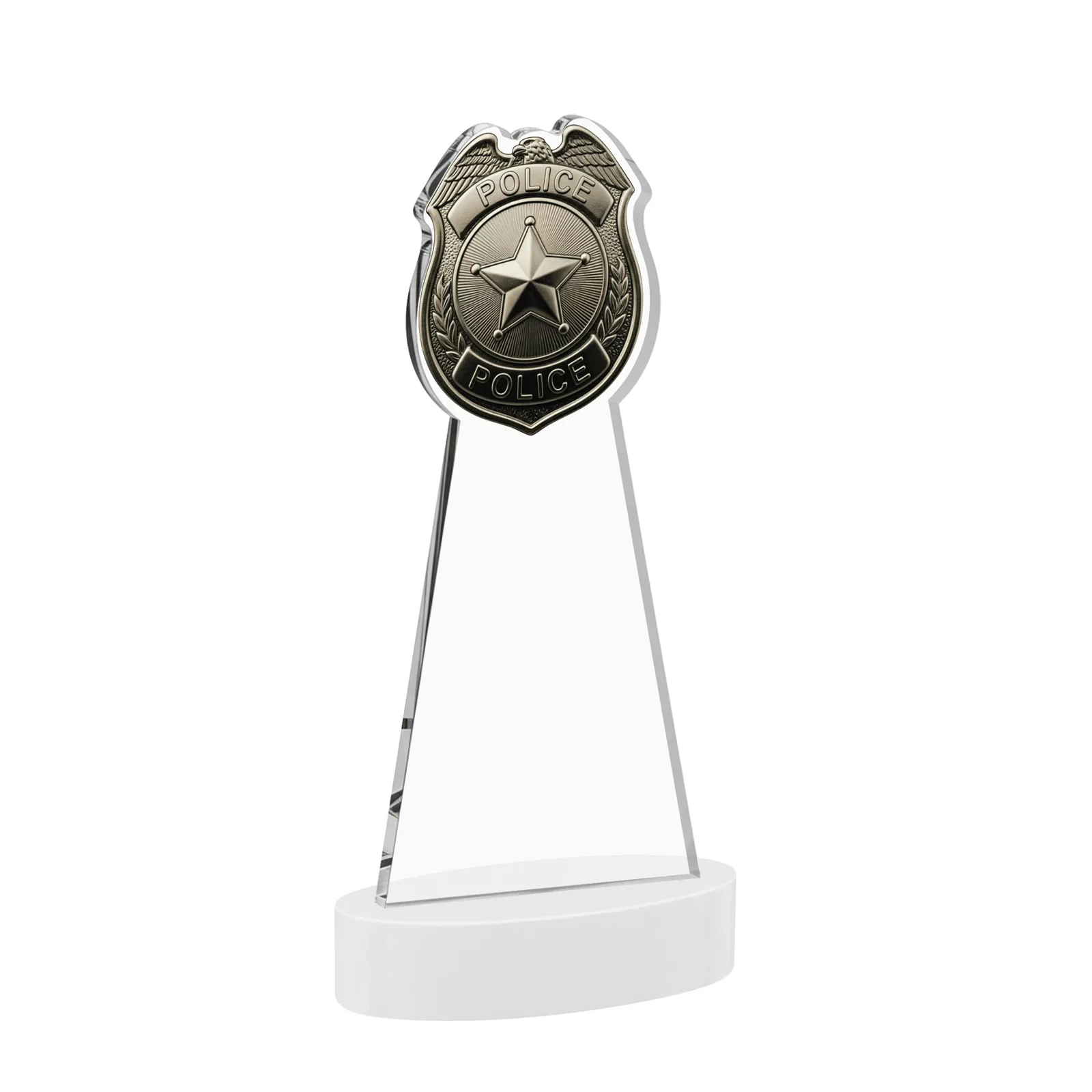 Personalized Starfire Crystal Police Badge Award on Oval Base, with your logo for employee recognition