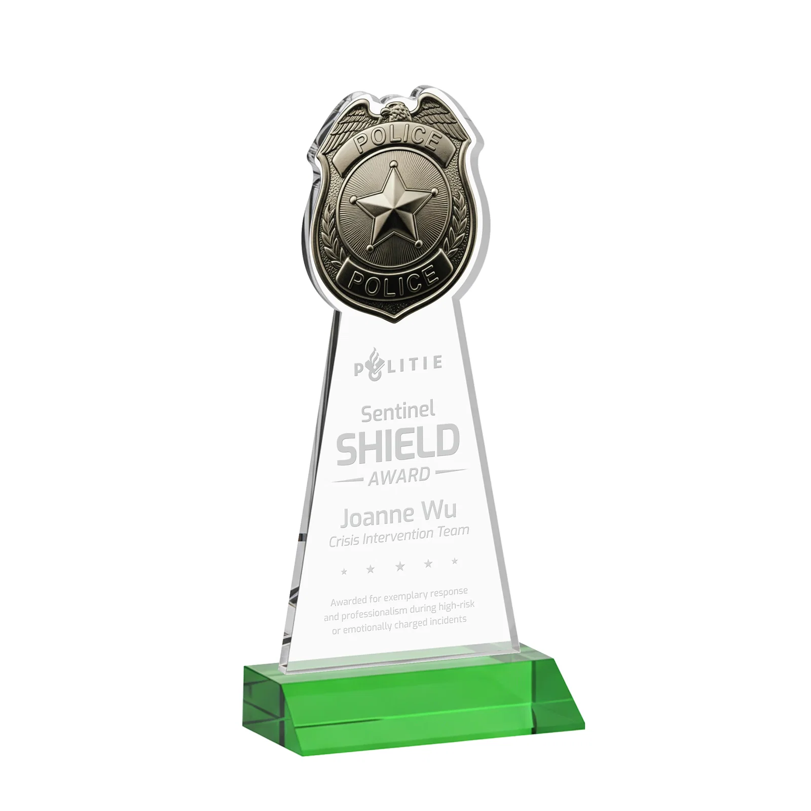 Custom Starfire Crystal Police Badge Award on Mitered Base for volunteer appreciation