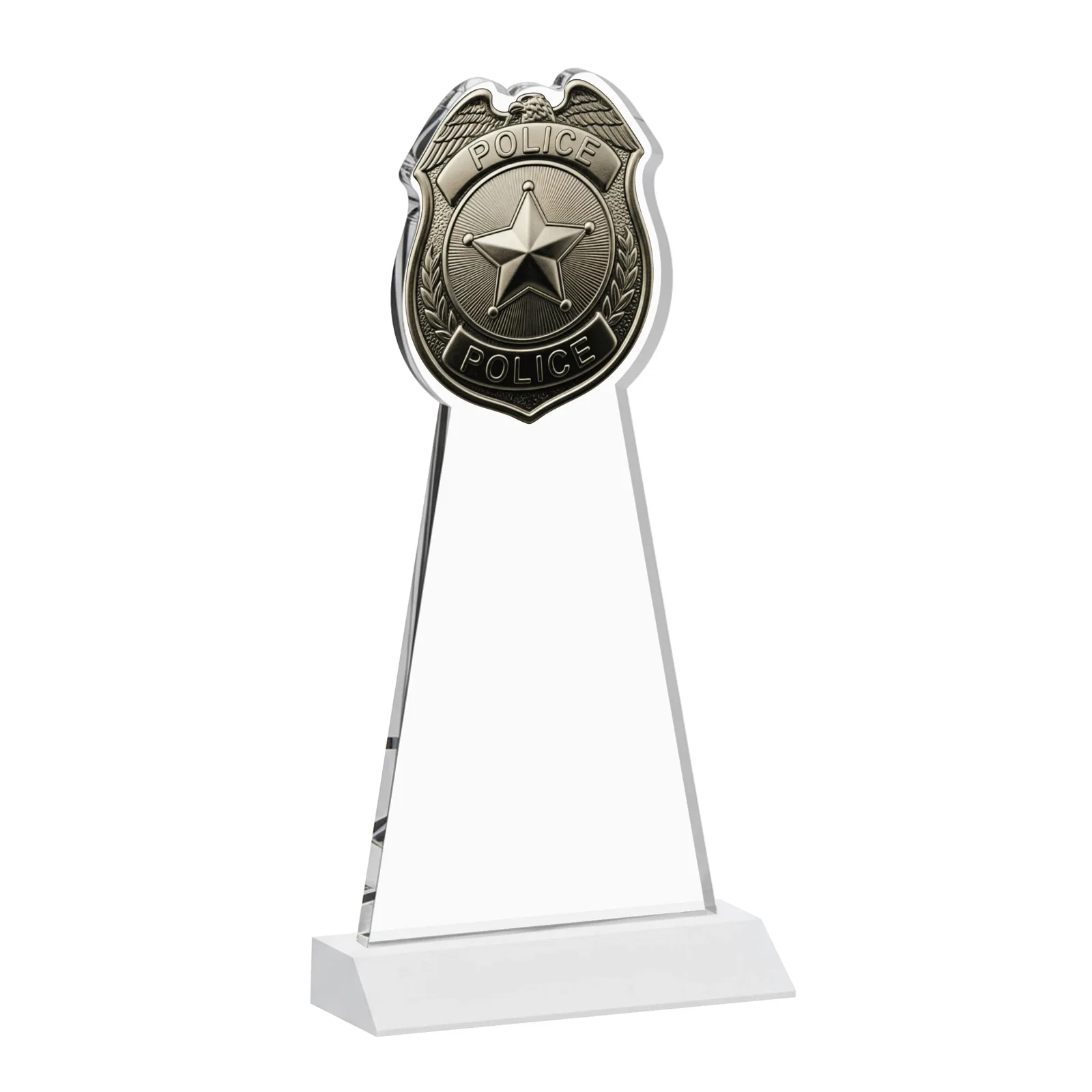 Personalized Starfire Crystal Police Badge Award on Mitered Base, with your logo for retirement presentations