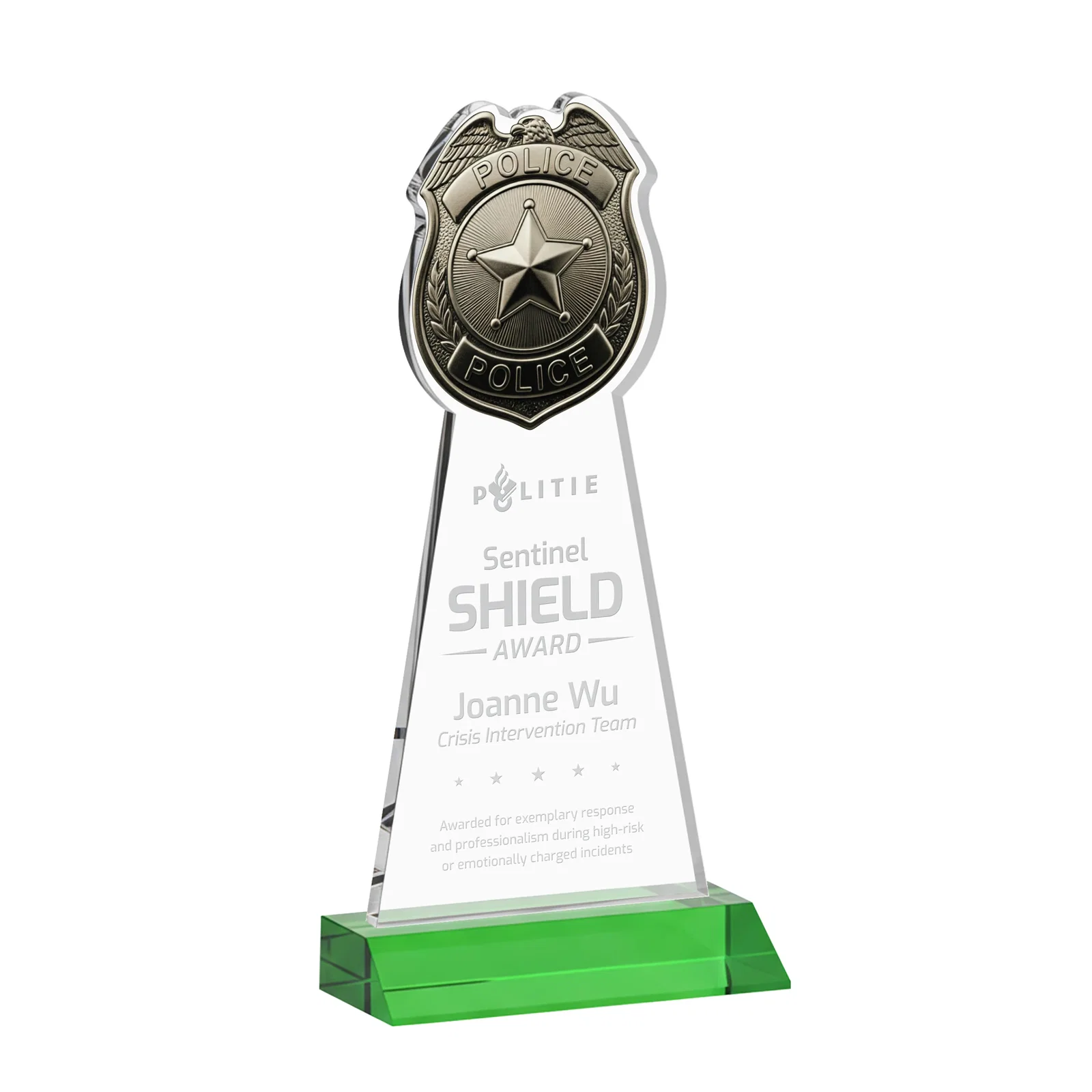 Custom Starfire Crystal Police Badge Award on Mitered Base for dealer and partner awards