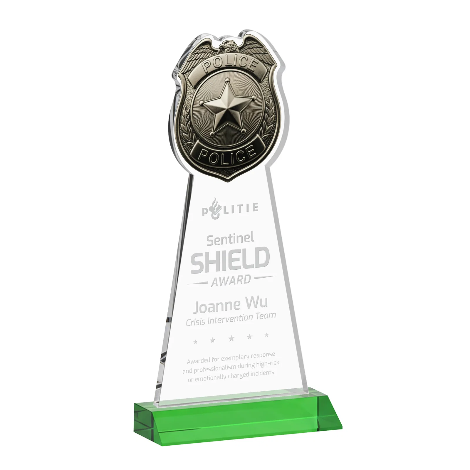 Custom Starfire Crystal Police Badge Award on Mitered Base for company anniversary events