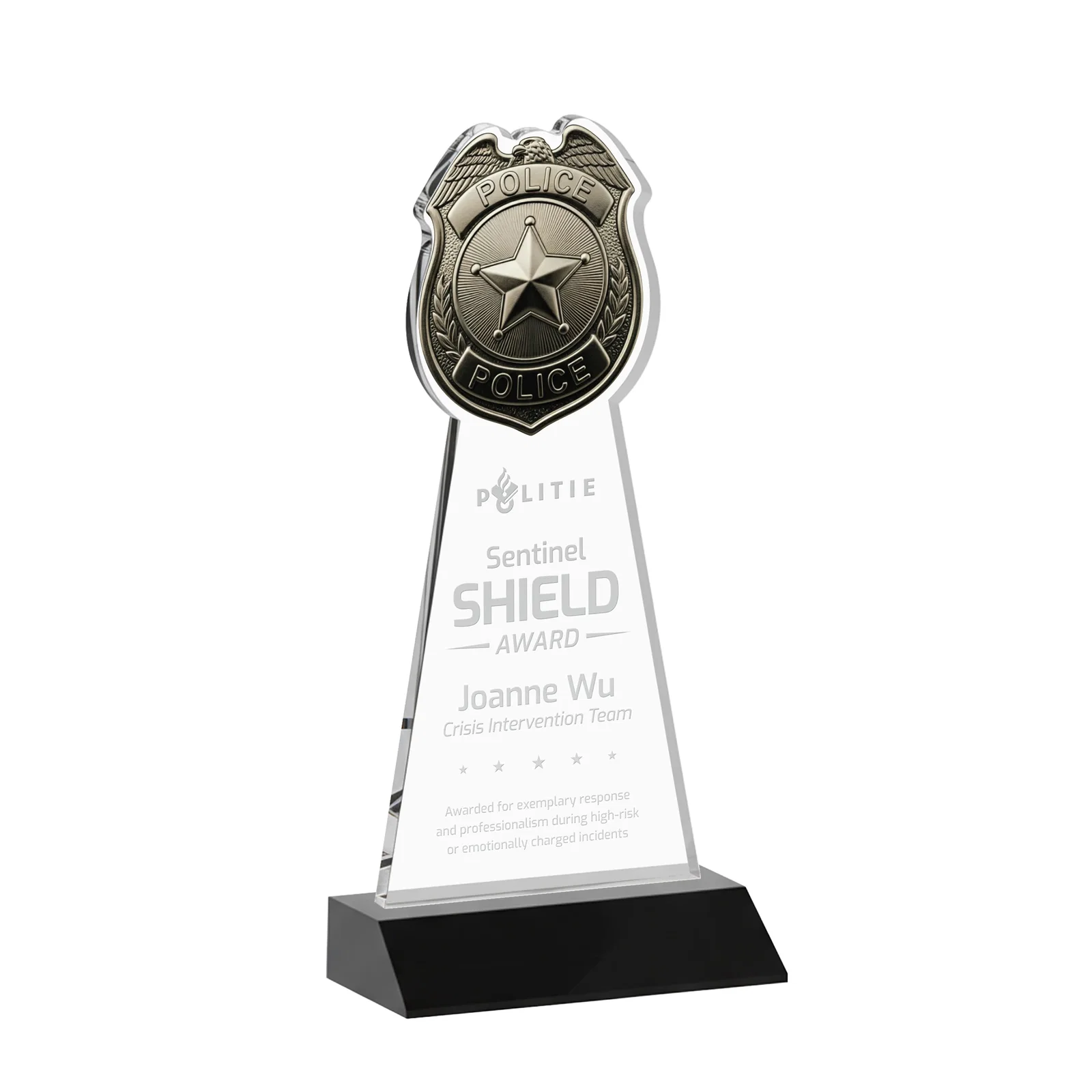 Personalized Starfire Crystal Police Badge Award on Mitered Base for corporate award ceremonies