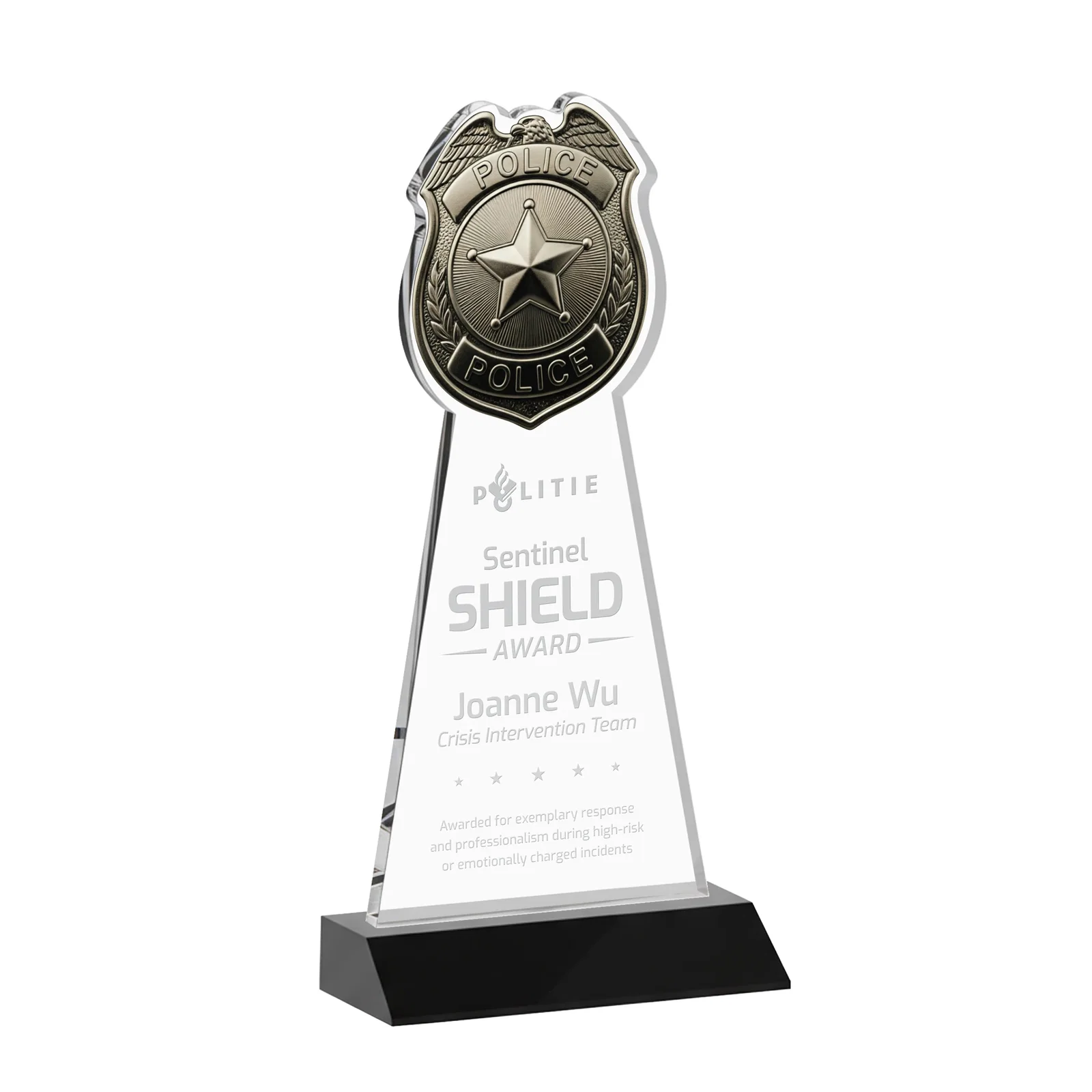 Personalized Starfire Crystal Police Badge Award on Mitered Base for service anniversary gifts
