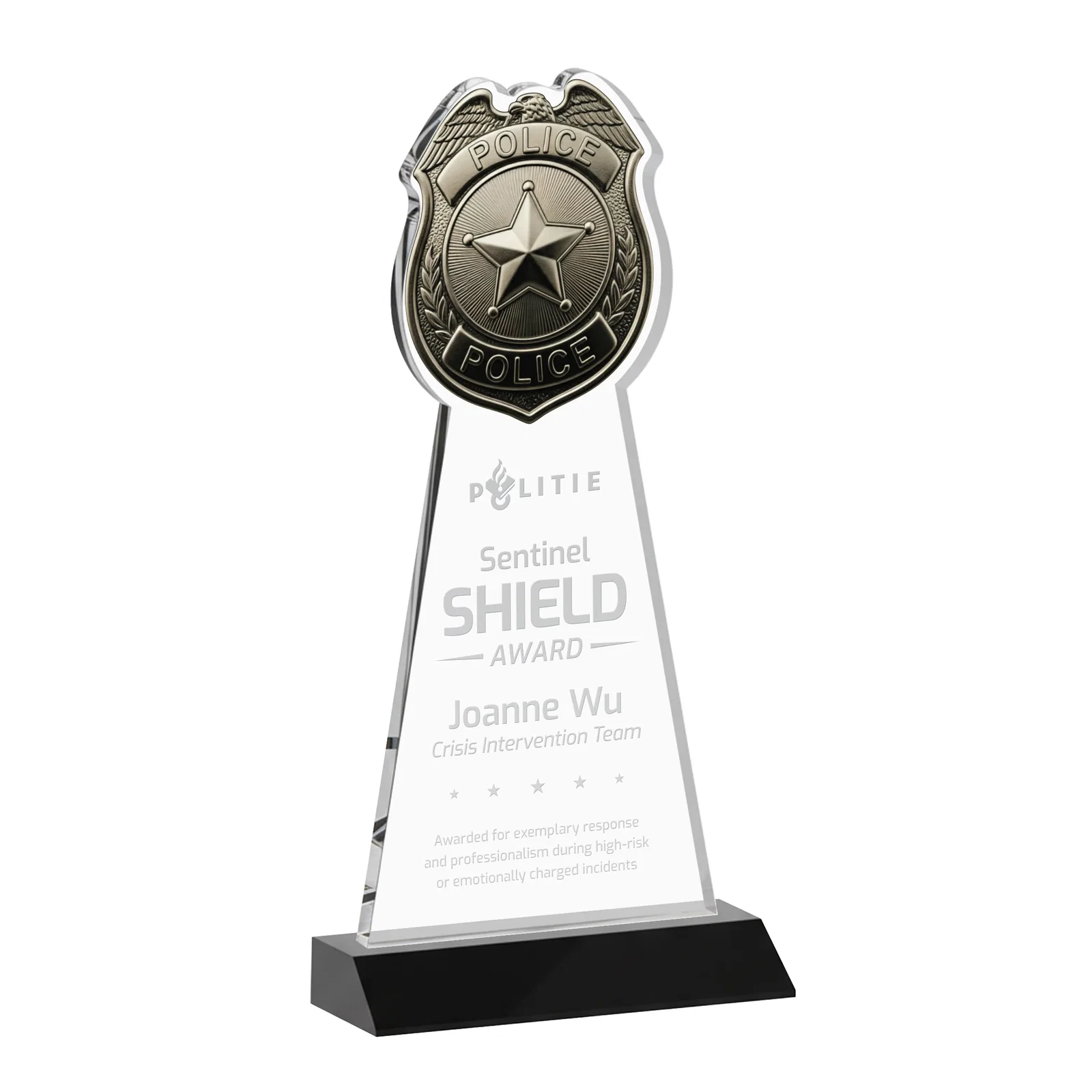 Personalized Starfire Crystal Police Badge Award on Mitered Base for sales achievement awards