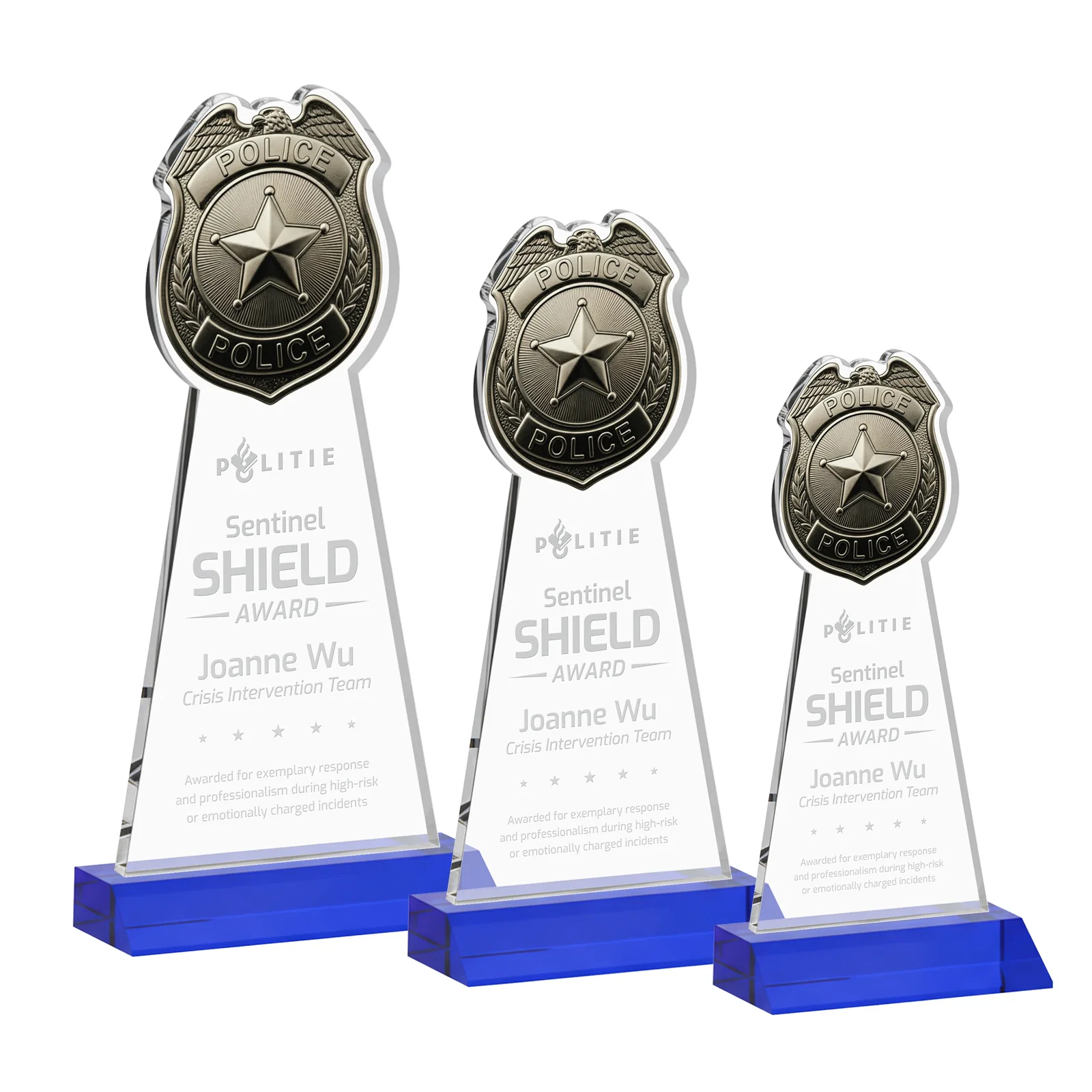Personalized Starfire Crystal Police Badge Award on Mitered Base for retirement presentations