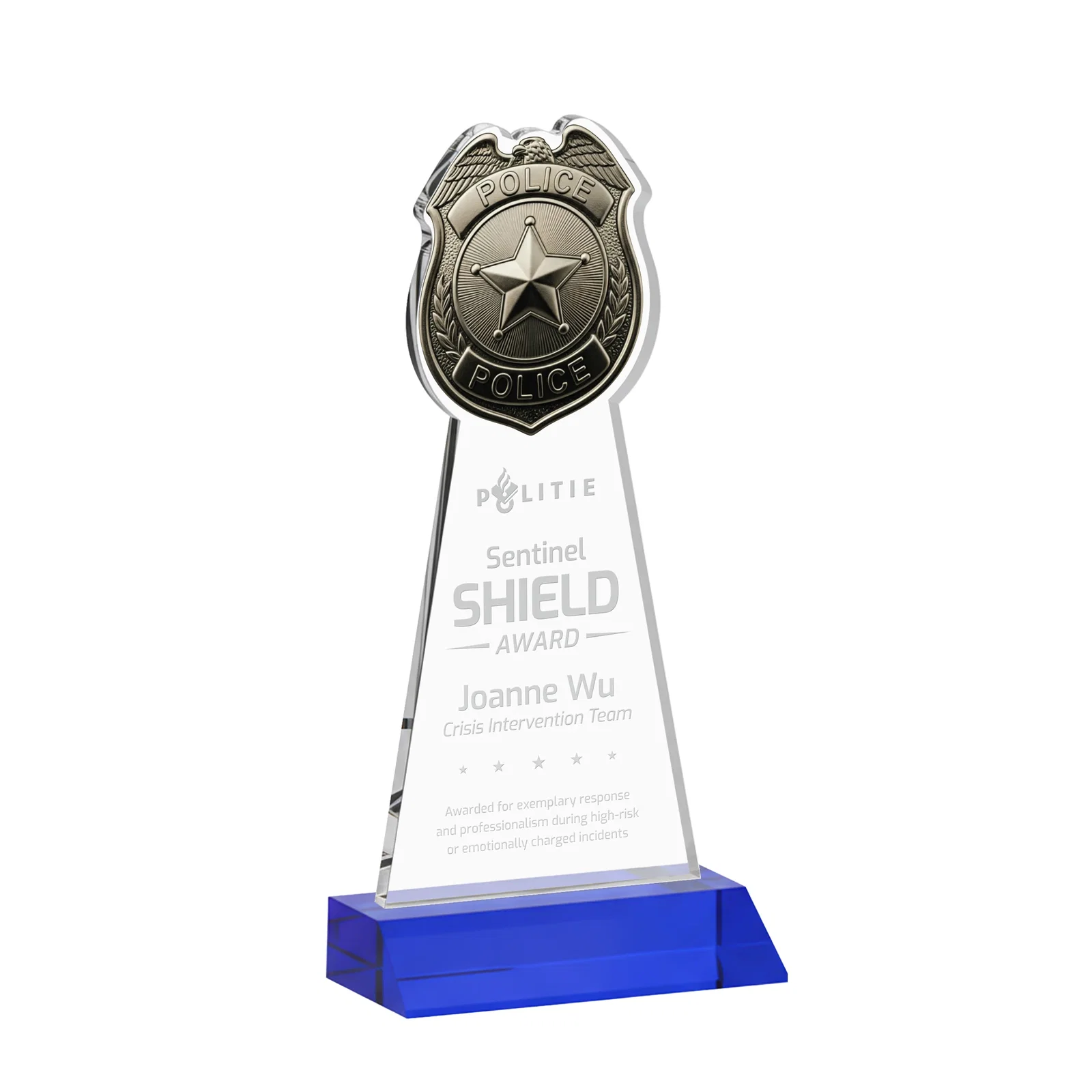 Personalized Starfire Crystal Police Badge Award on Mitered Base for team milestone celebrations