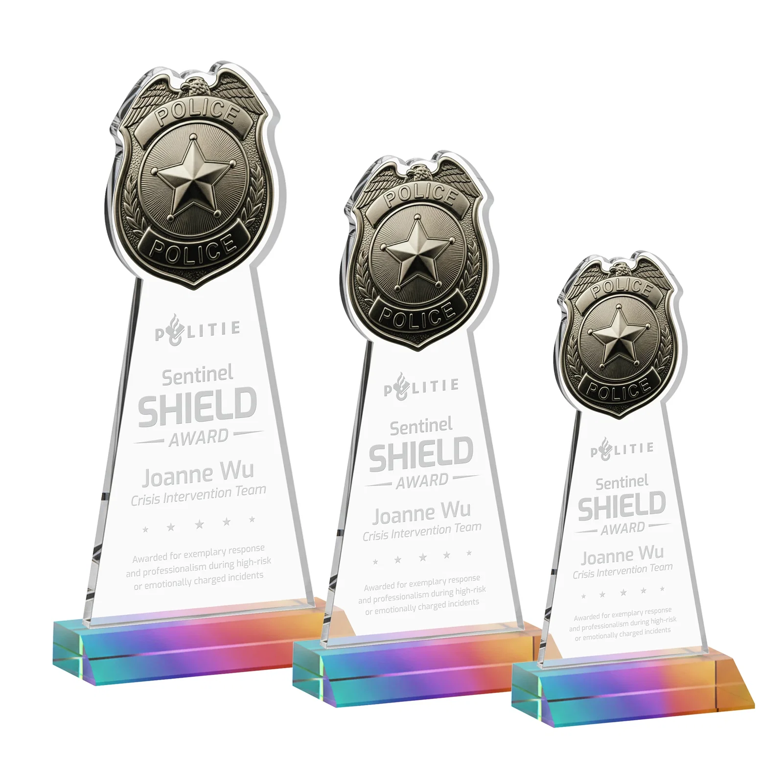 Personalized Starfire Crystal Police Badge Award on Mitered Base for safety achievement programs