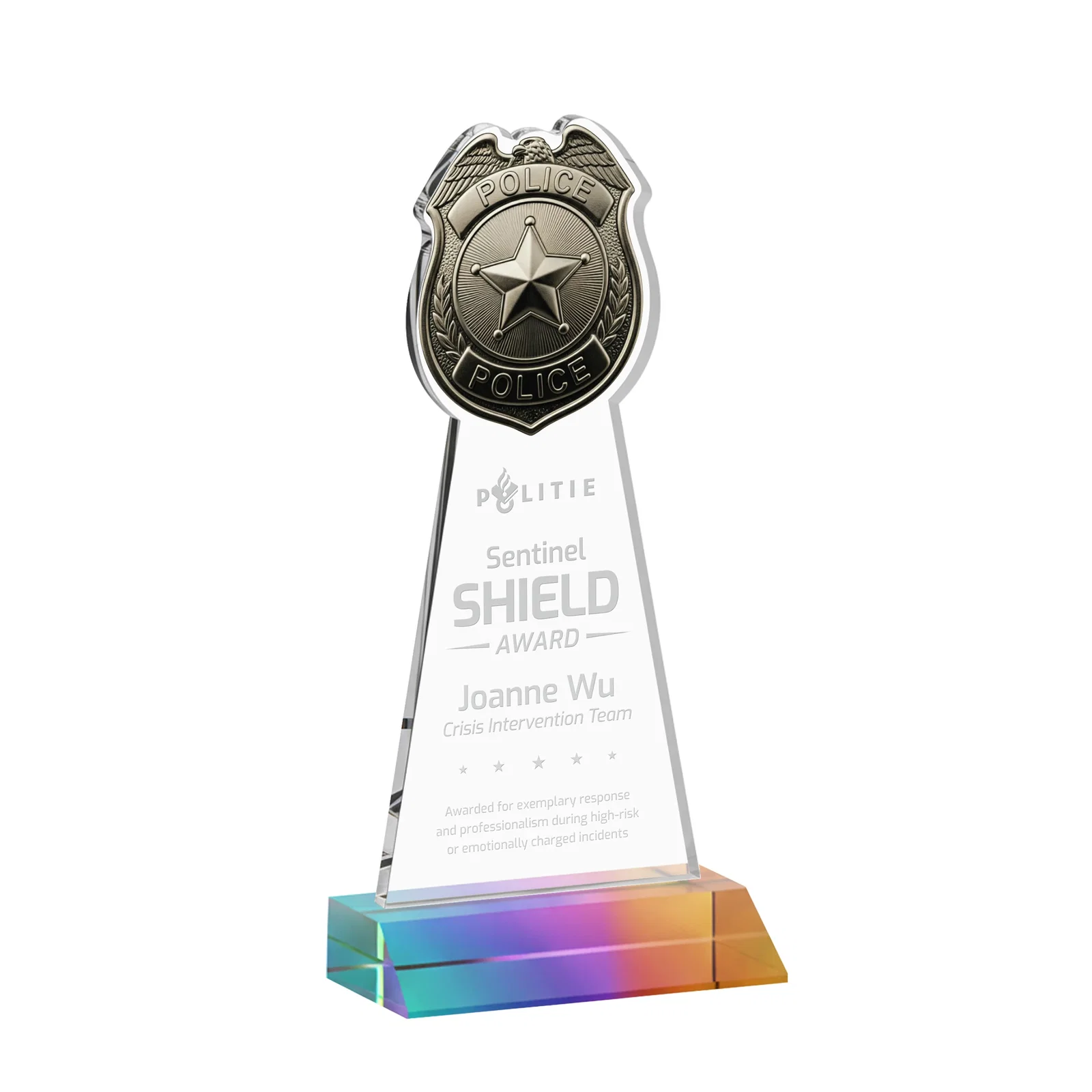 Personalized Starfire Crystal Police Badge Award on Mitered Base for volunteer appreciation