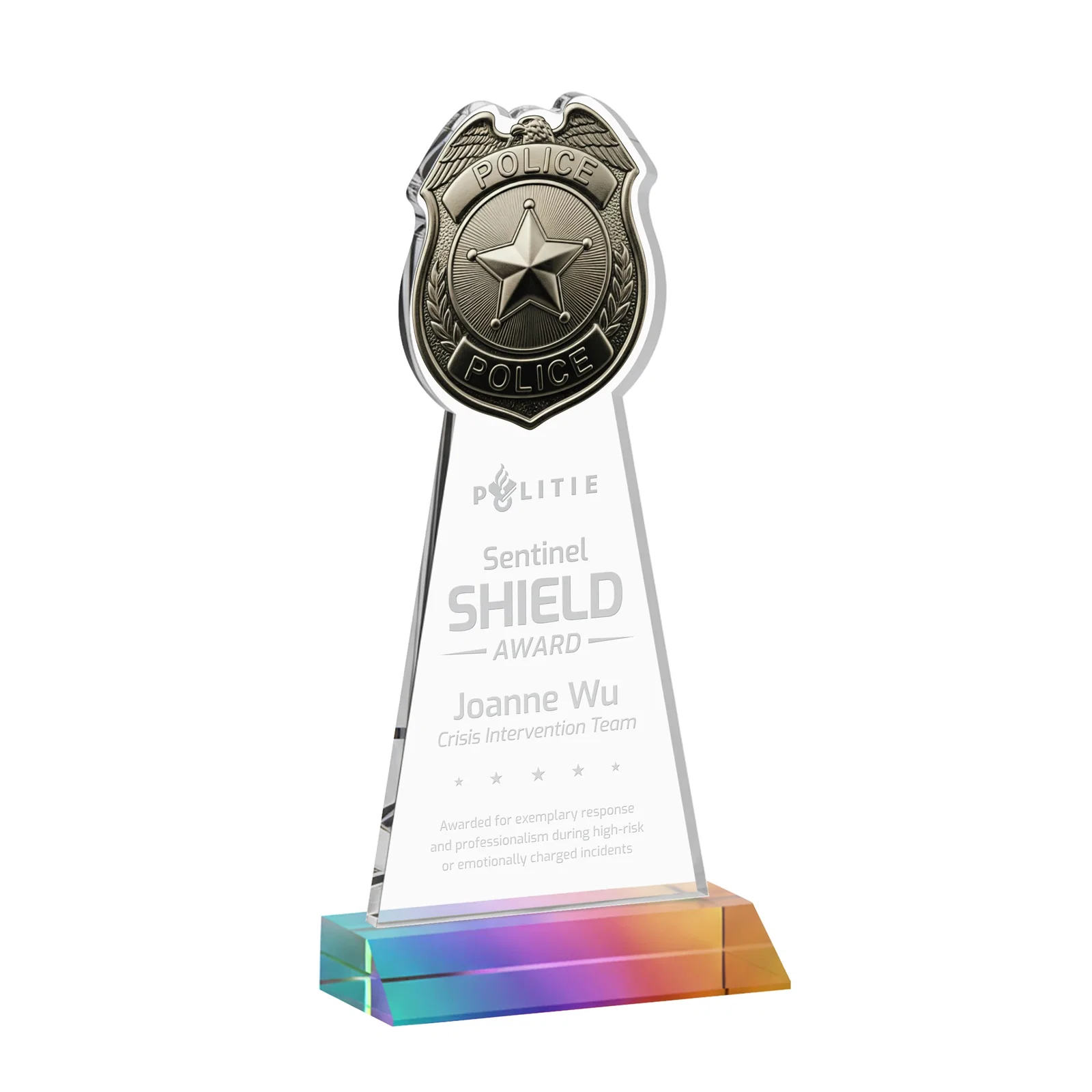 Personalized Starfire Crystal Police Badge Award on Mitered Base for dealer and partner awards