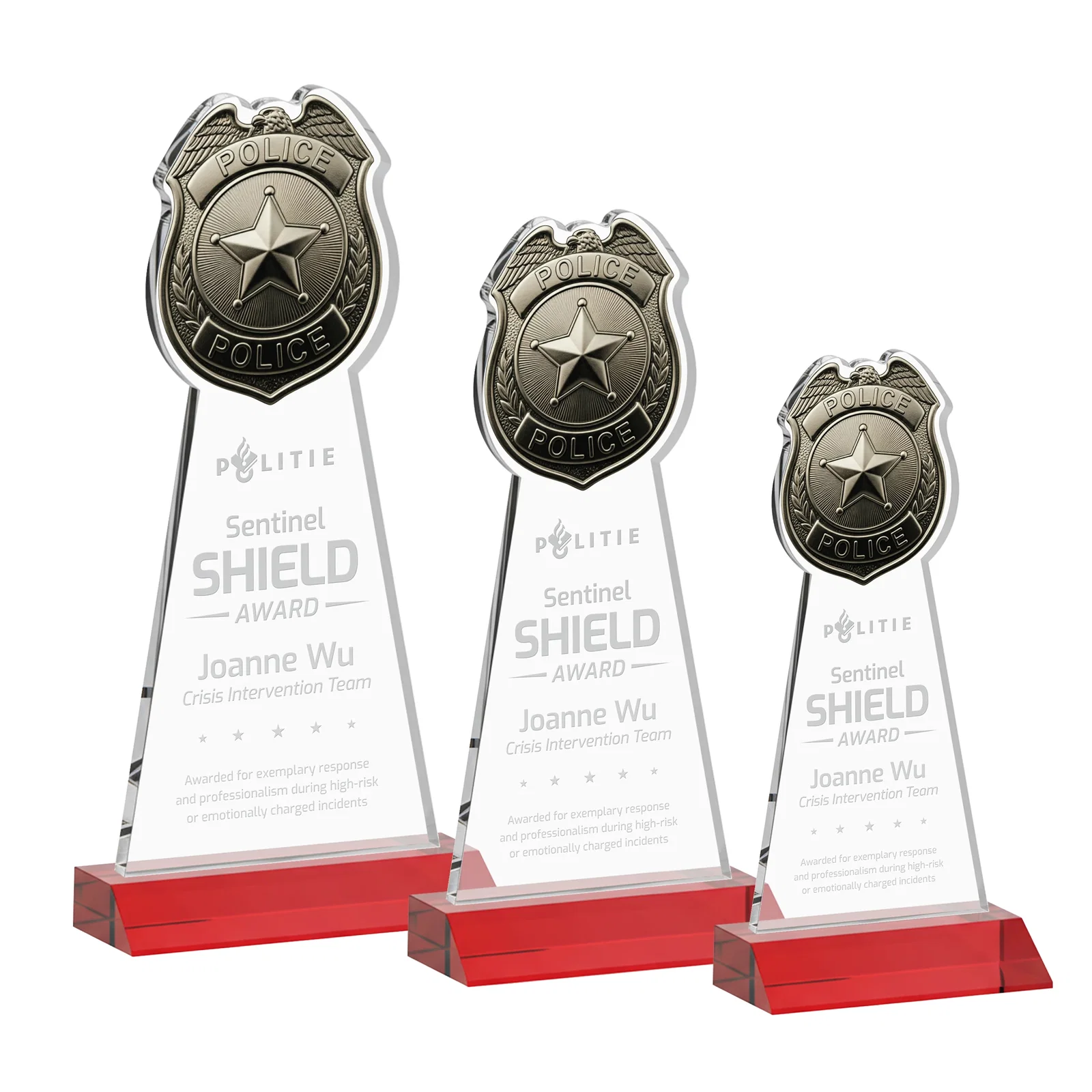 Promotional Starfire Crystal Police Badge Award on Mitered Base for employee recognition