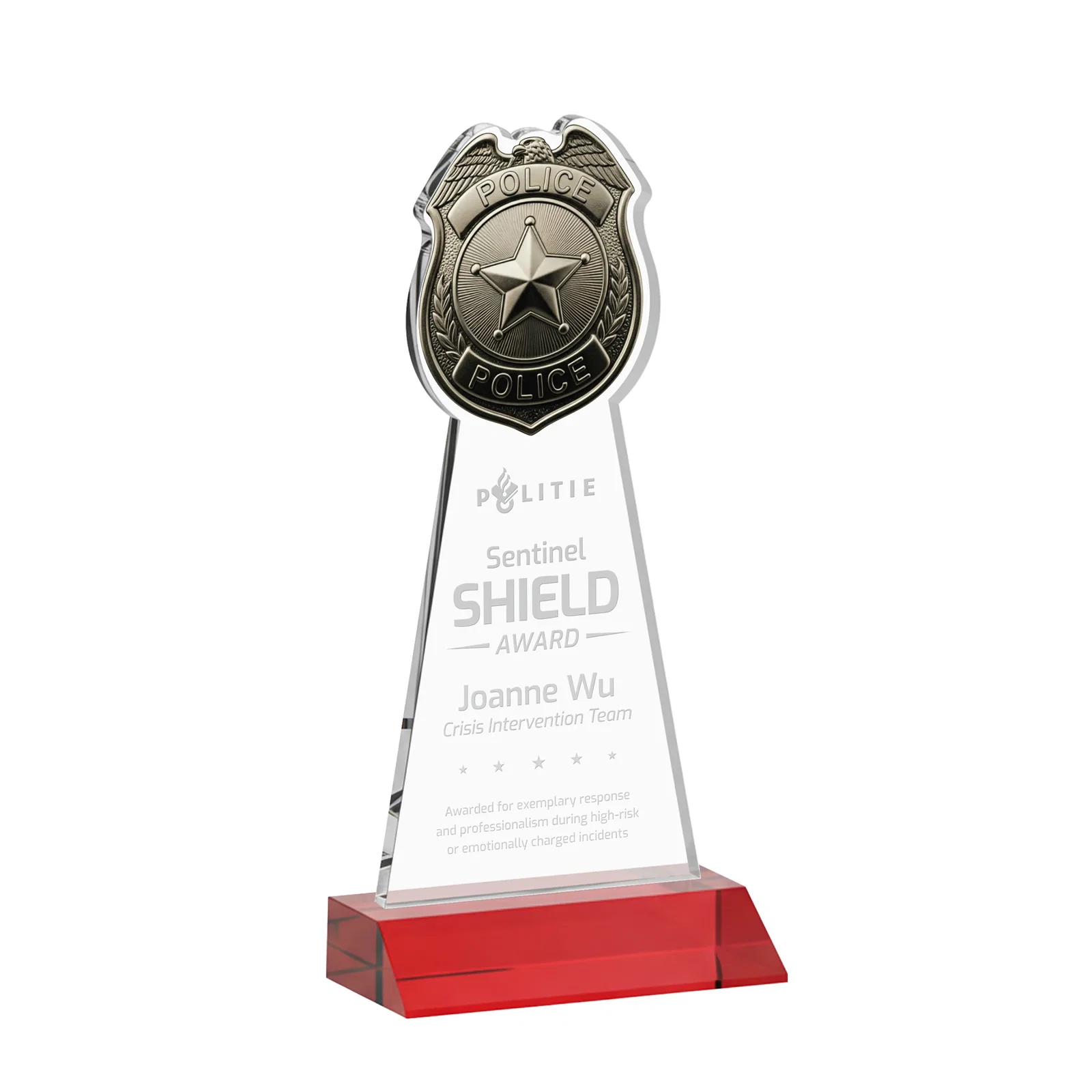 Promotional Starfire Crystal Police Badge Award on Mitered Base for corporate award ceremonies