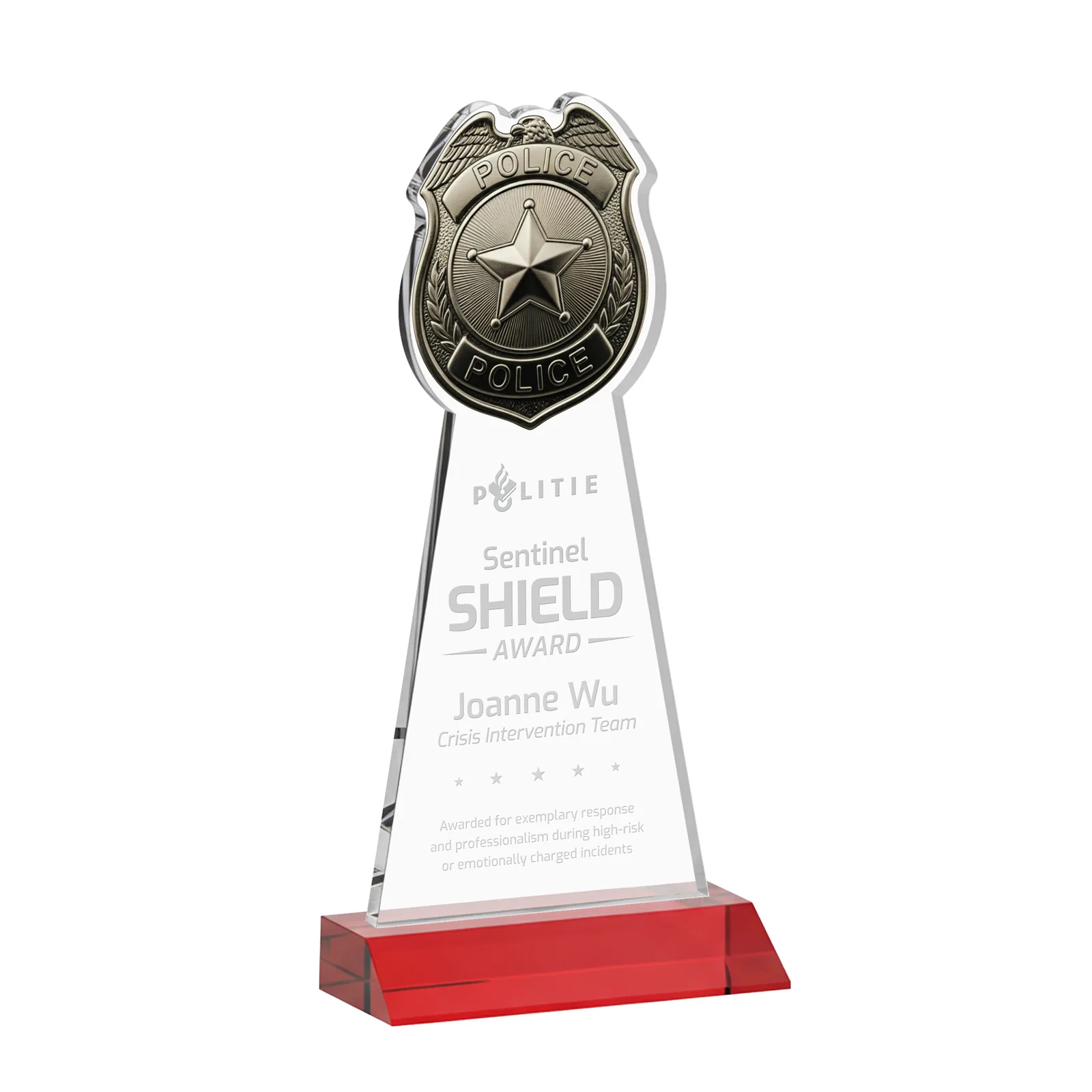Promotional Starfire Crystal Police Badge Award on Mitered Base for service anniversary gifts