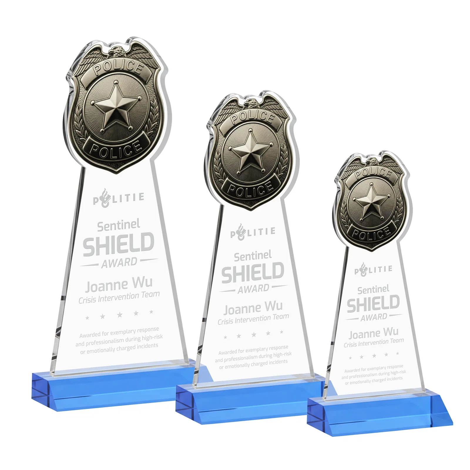 Promotional Starfire Crystal Police Badge Award on Mitered Base for retirement presentations