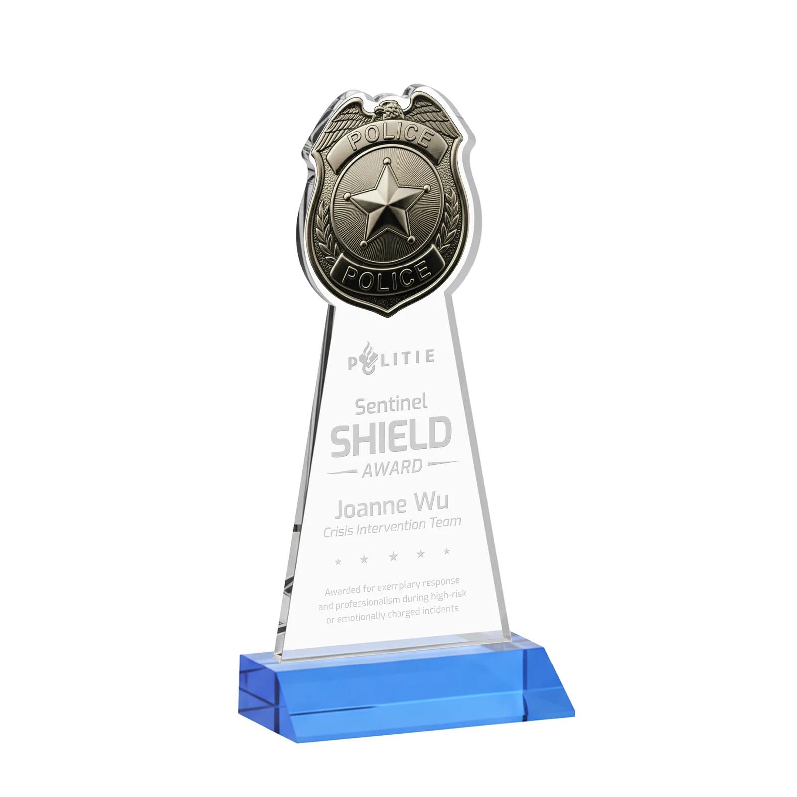 Promotional Starfire Crystal Police Badge Award on Mitered Base for team milestone celebrations