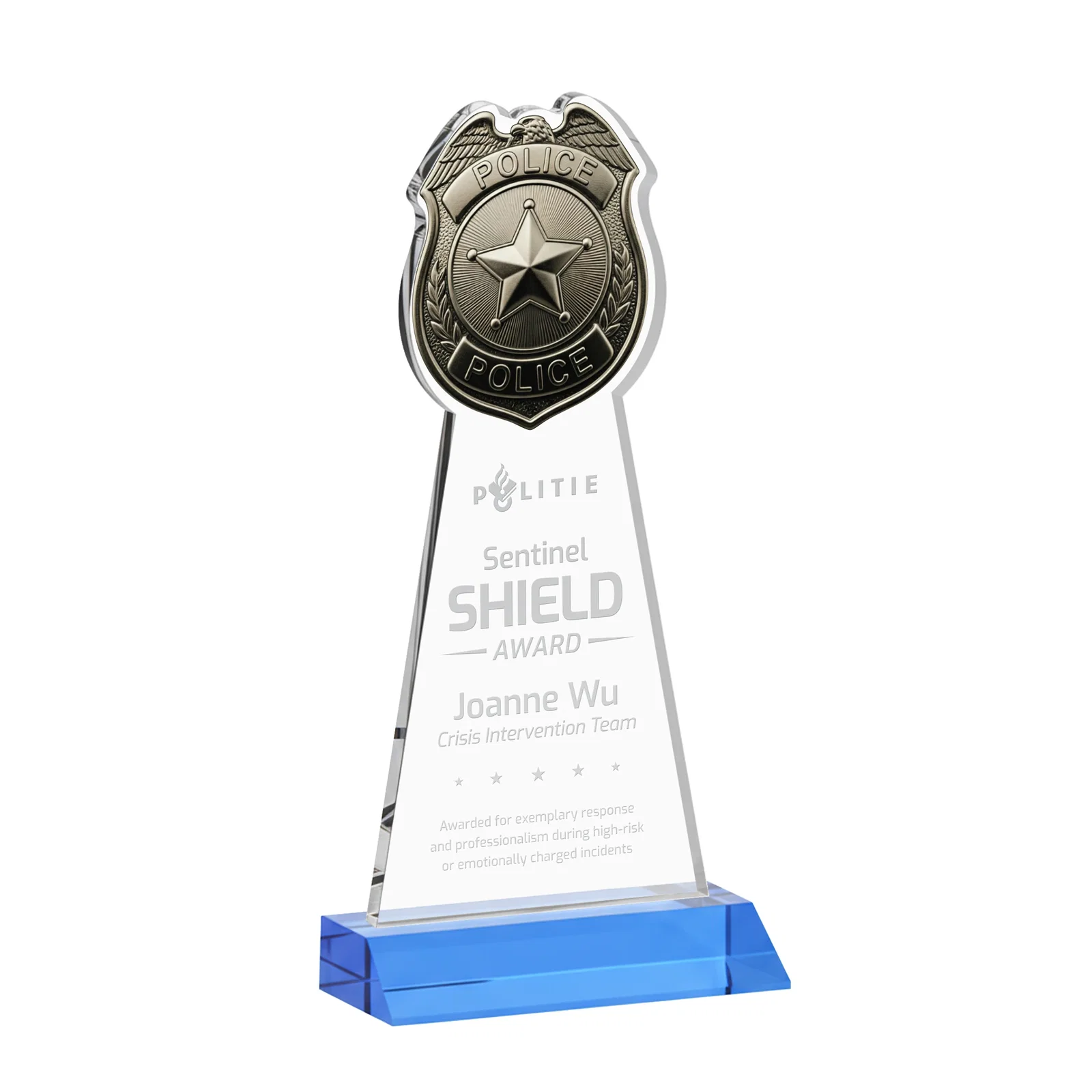 Promotional Starfire Crystal Police Badge Award on Mitered Base for donor appreciation